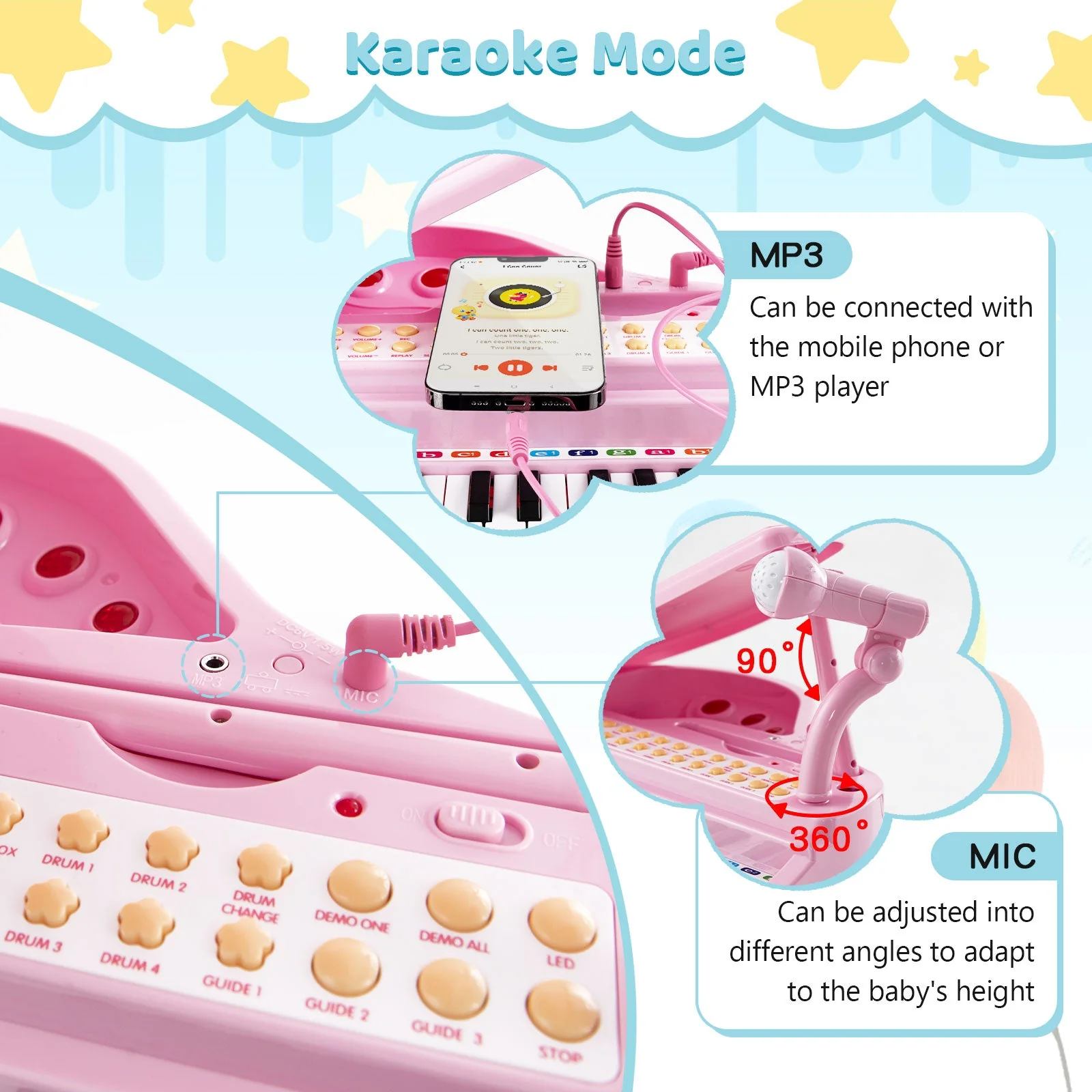 31 Keys Kids Piano Keyboard with Stool and Piano Lid-Pink - Image 6