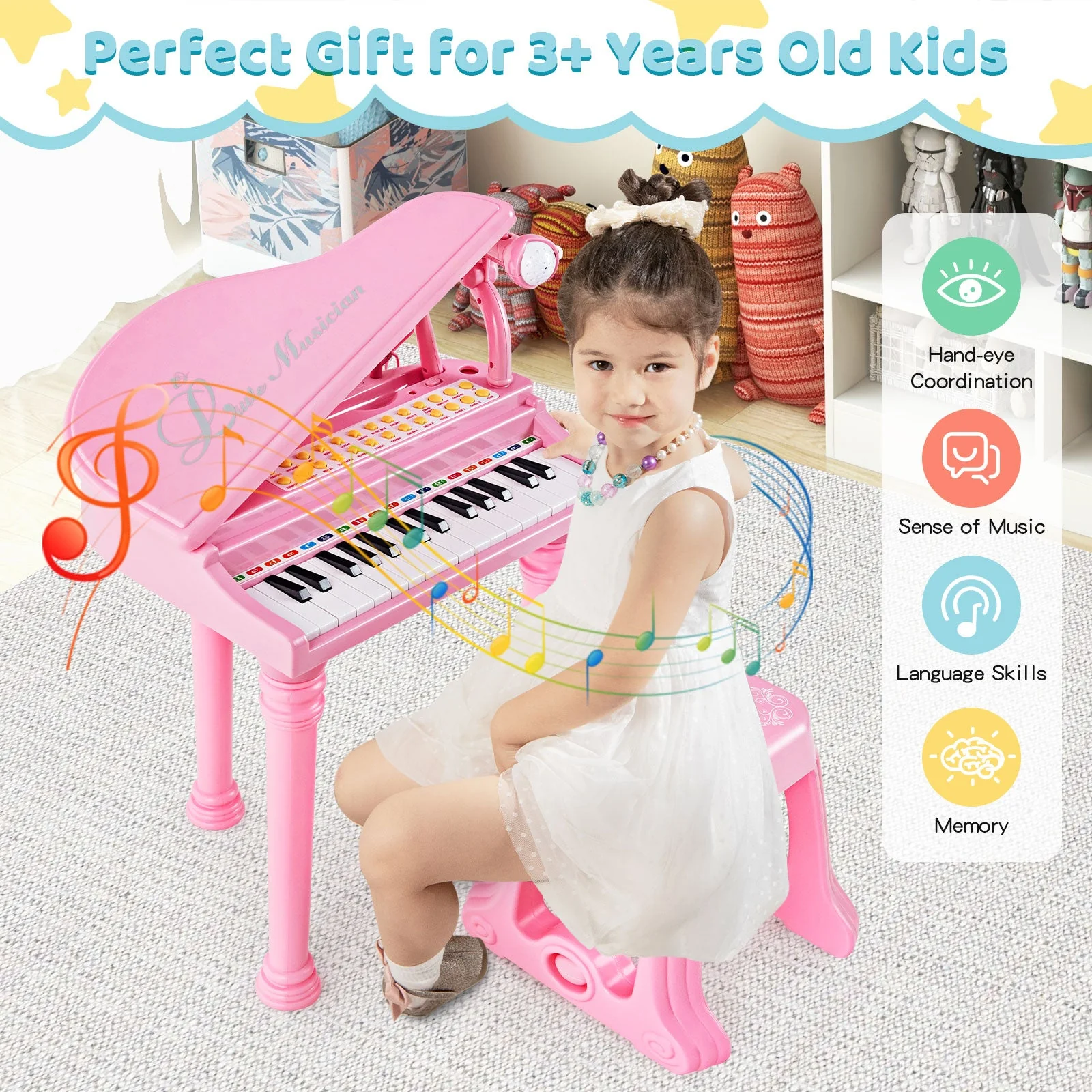 31 Keys Kids Piano Keyboard with Stool and Piano Lid-Pink - Image 7