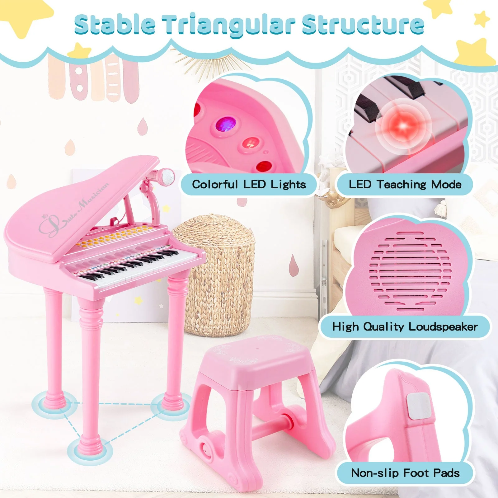 31 Keys Kids Piano Keyboard with Stool and Piano Lid-Pink - Image 8