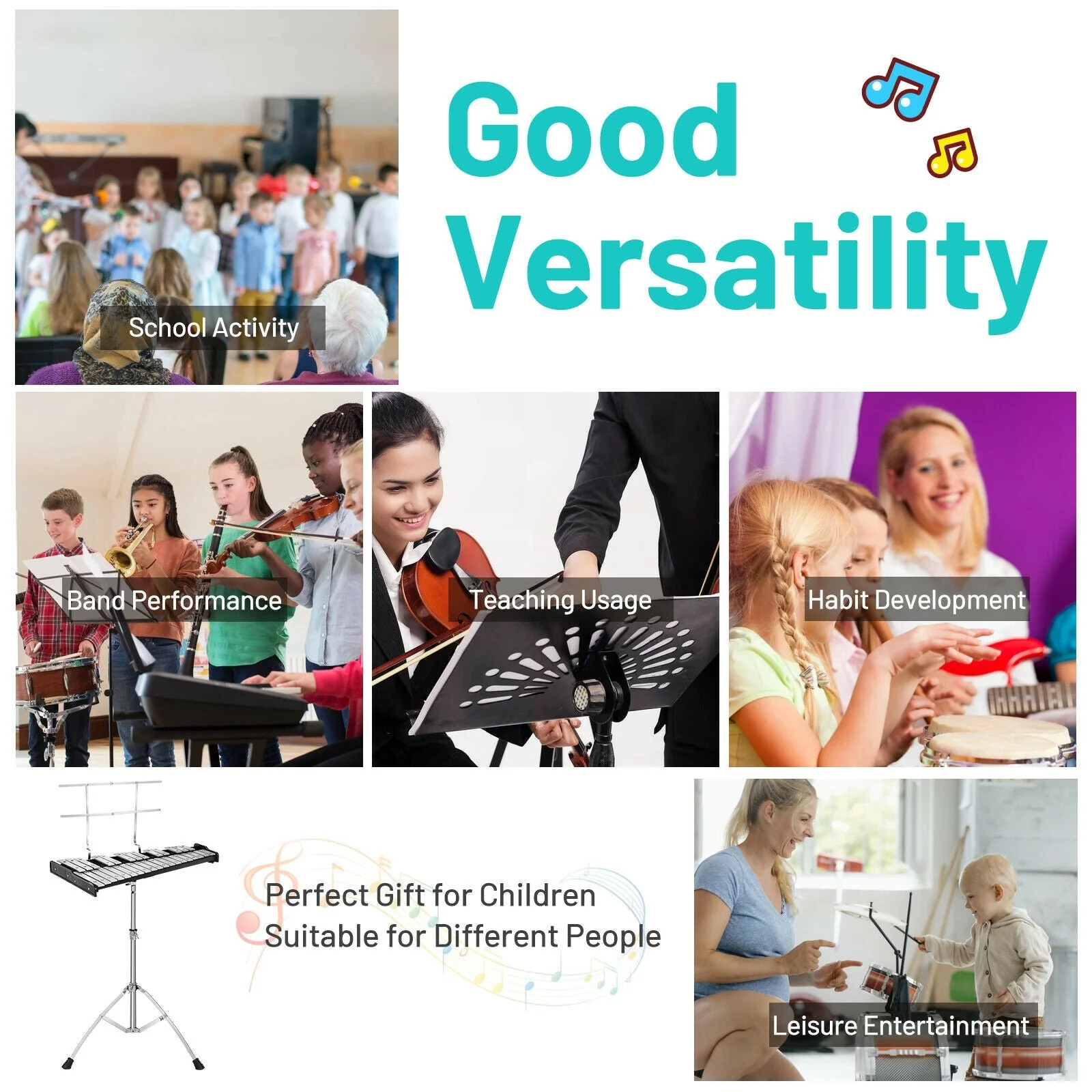 32 Note Glockenspiel Xylophone Percussion Bell Kit with Adjustable Stand - Image 2