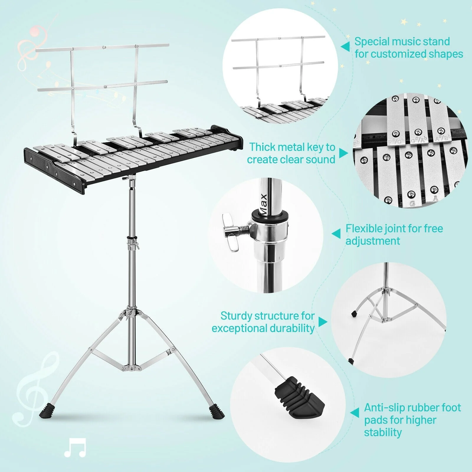32 Note Glockenspiel Xylophone Percussion Bell Kit with Adjustable Stand - Image 5