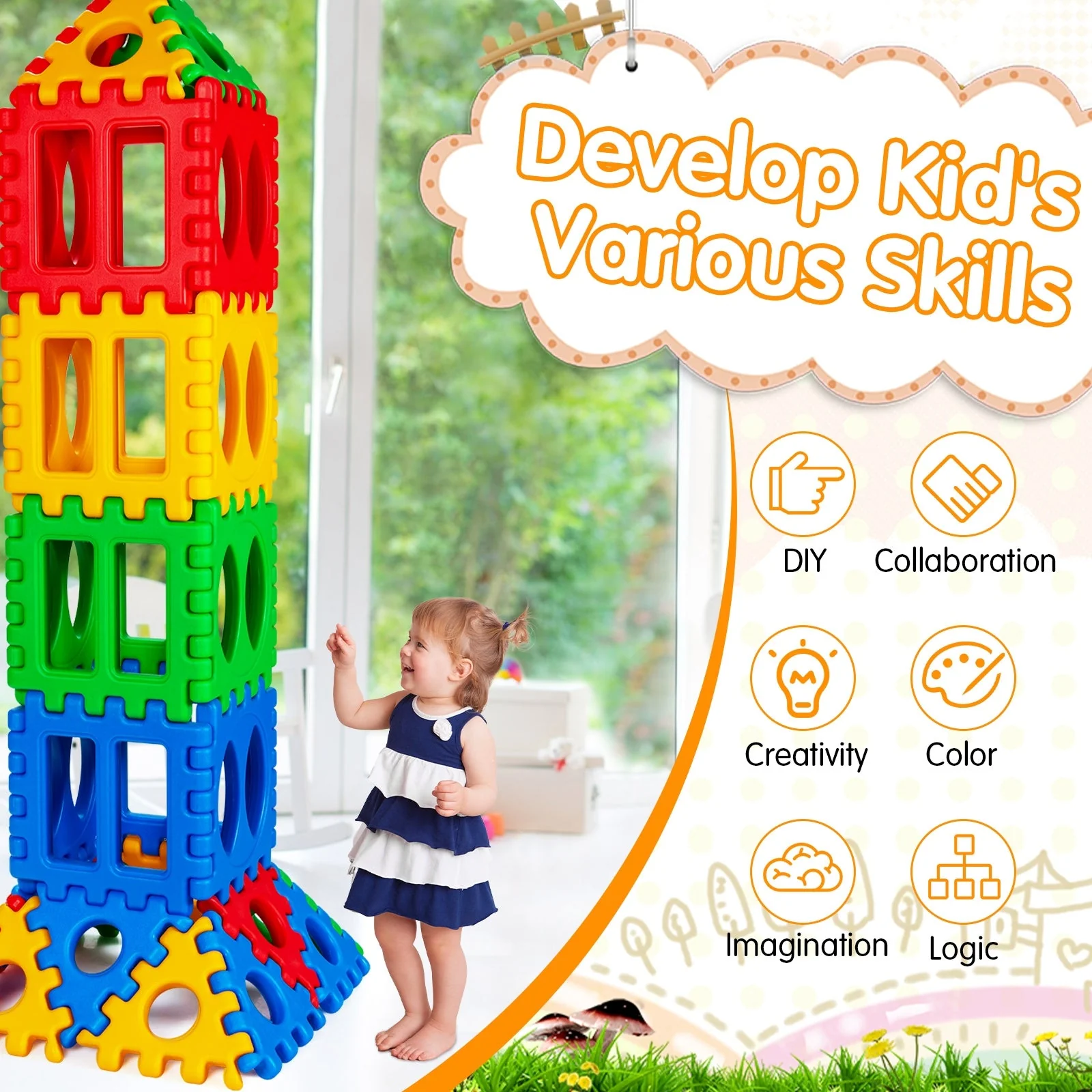 32 Pieces Big Waffle Block Set Kids Educational Stacking Building Toy - Image 8