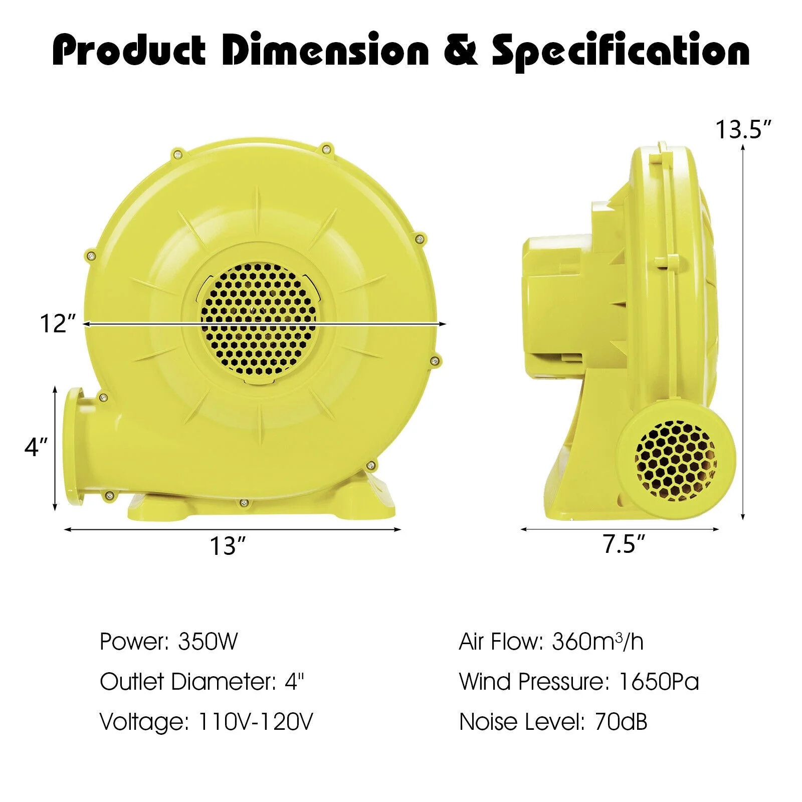 350 Watt 0.5 HP Air Blower Pump Fan for Inflatable Bounce House and Bouncy Castle-Yellow - Image 5