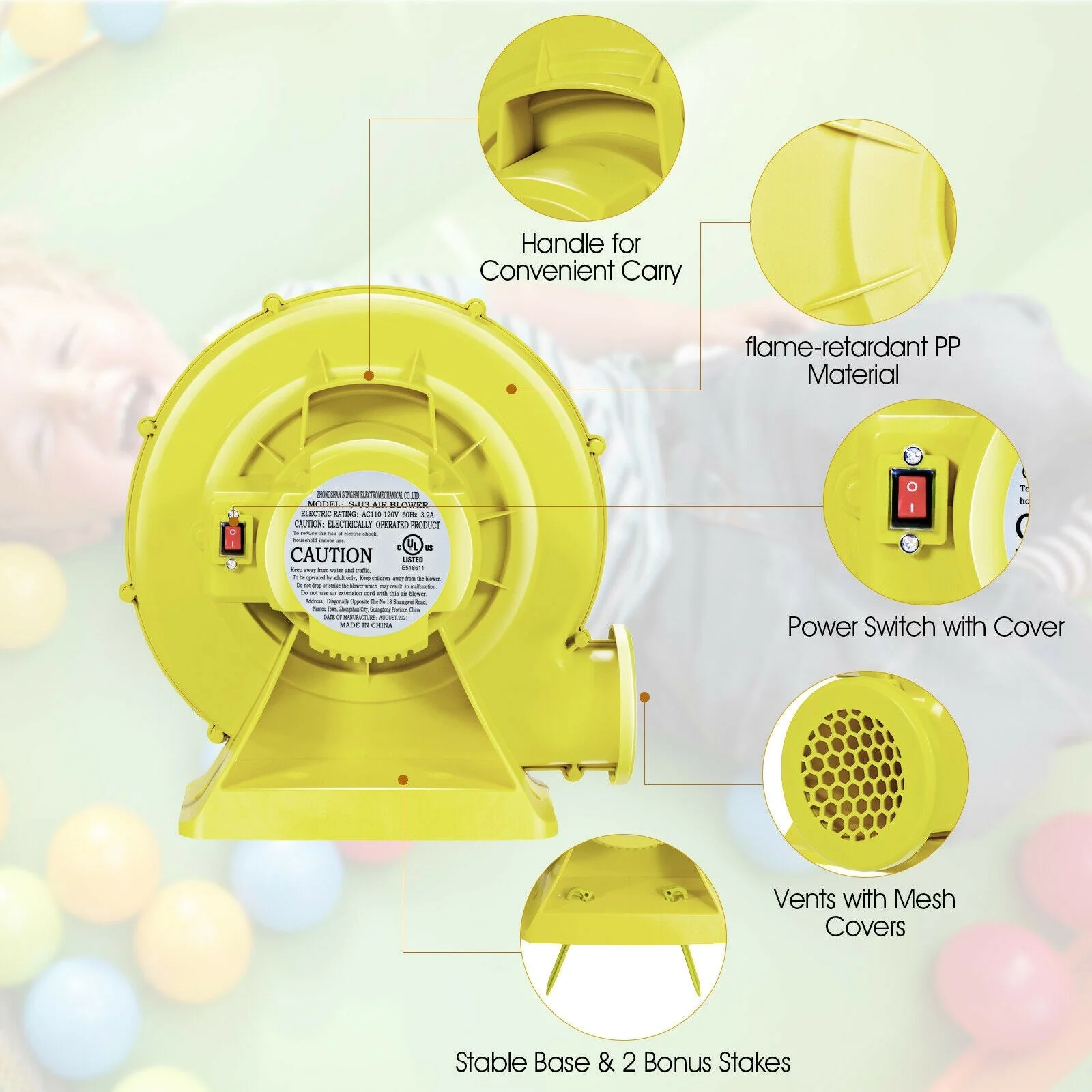 350 Watt 0.5 HP Air Blower Pump Fan for Inflatable Bounce House and Bouncy Castle-Yellow - Image 6