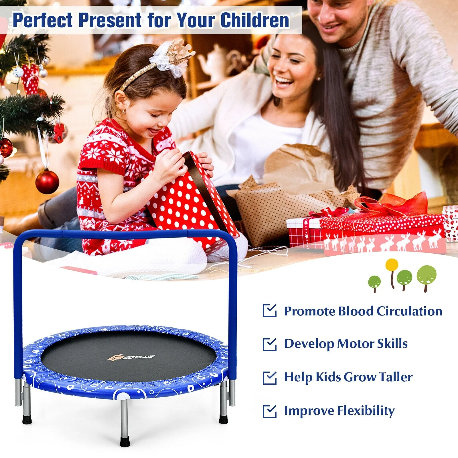 36 Inch Kids Trampoline Mini Rebounder with Full Covered Handrail-Blue - Image 2