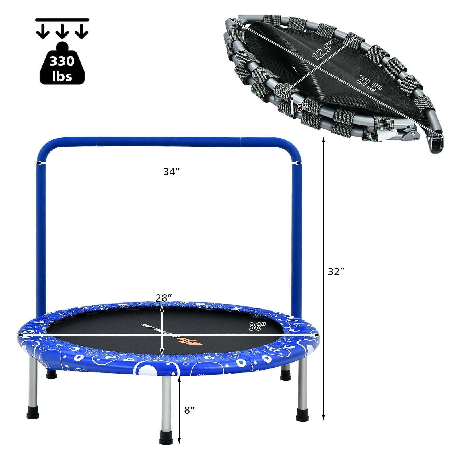 36 Inch Kids Trampoline Mini Rebounder with Full Covered Handrail-Blue - Image 4