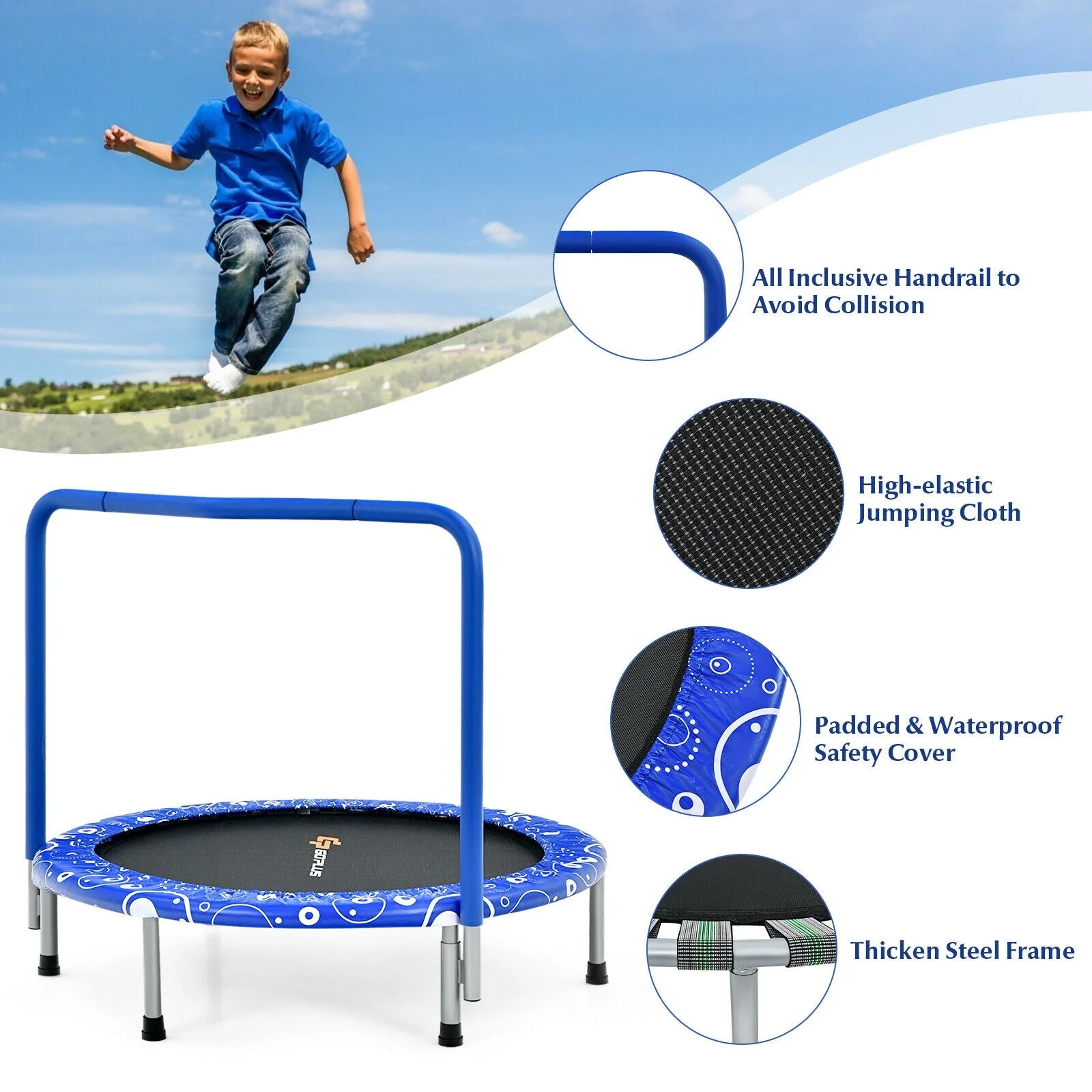 36 Inch Kids Trampoline Mini Rebounder with Full Covered Handrail-Blue - Image 8
