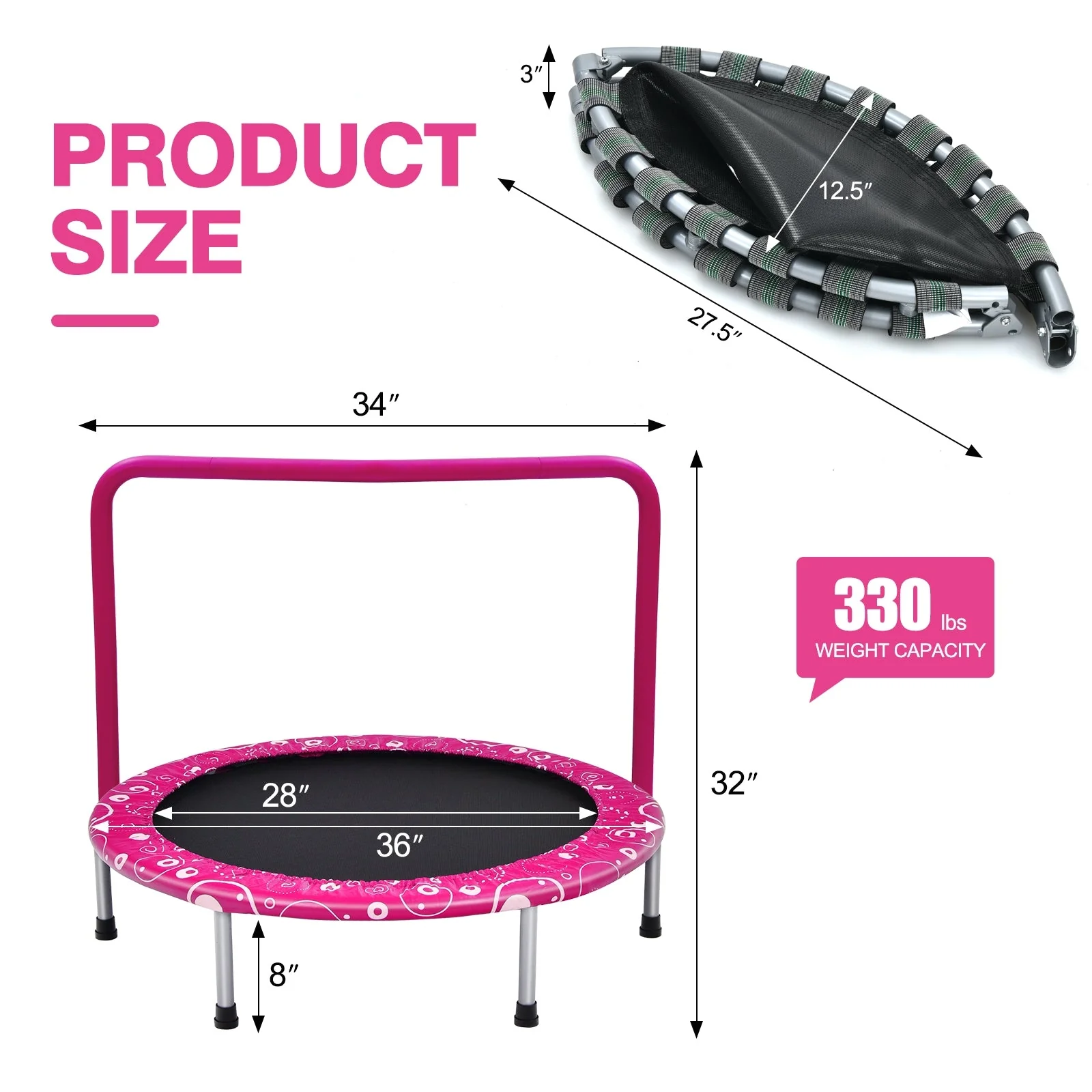 36 Inch Kids Trampoline Mini Rebounder with Full Covered Handrail-Pink - Image 4