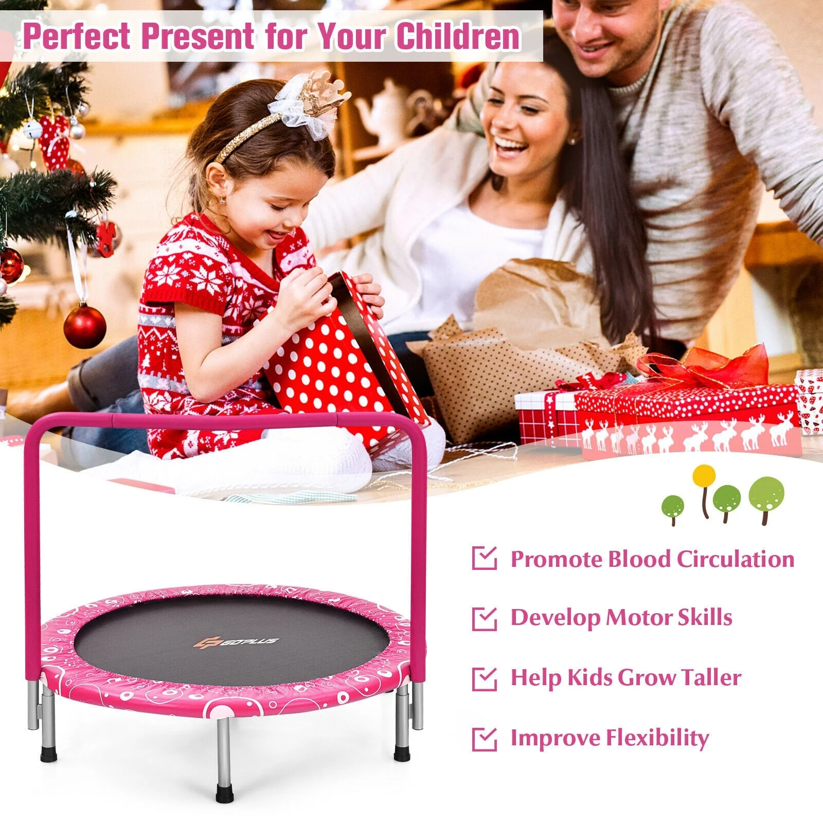 36 Inch Kids Trampoline Mini Rebounder with Full Covered Handrail-Pink - Image 6