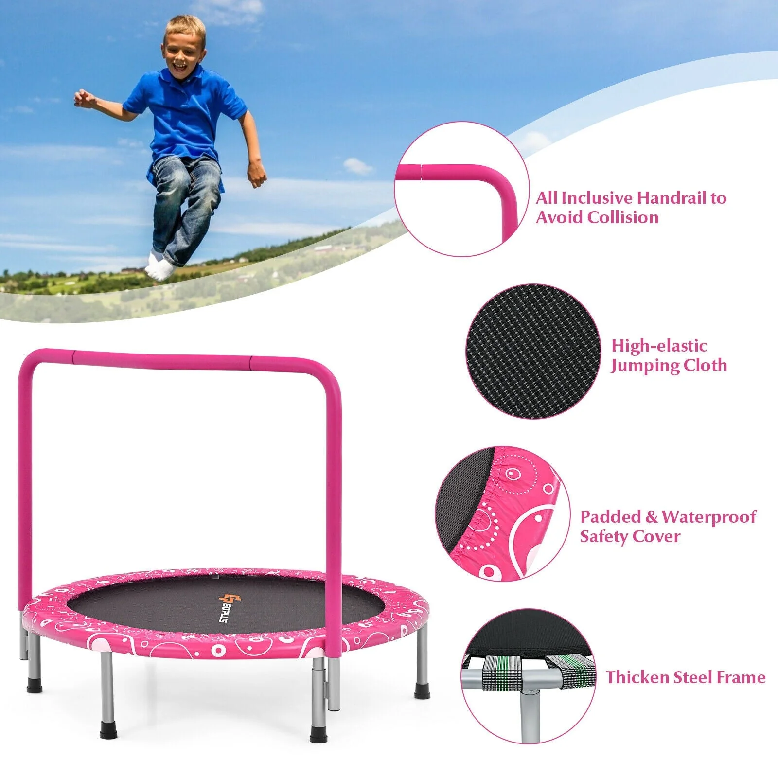 36 Inch Kids Trampoline Mini Rebounder with Full Covered Handrail-Pink - Image 8