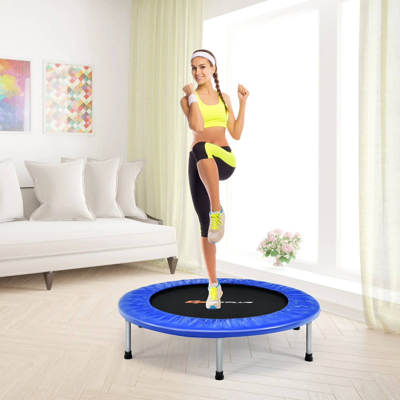 36 Inch Mini Folding Trampoline Portable Recreational Fitness Rebounder-Blue - Image 2