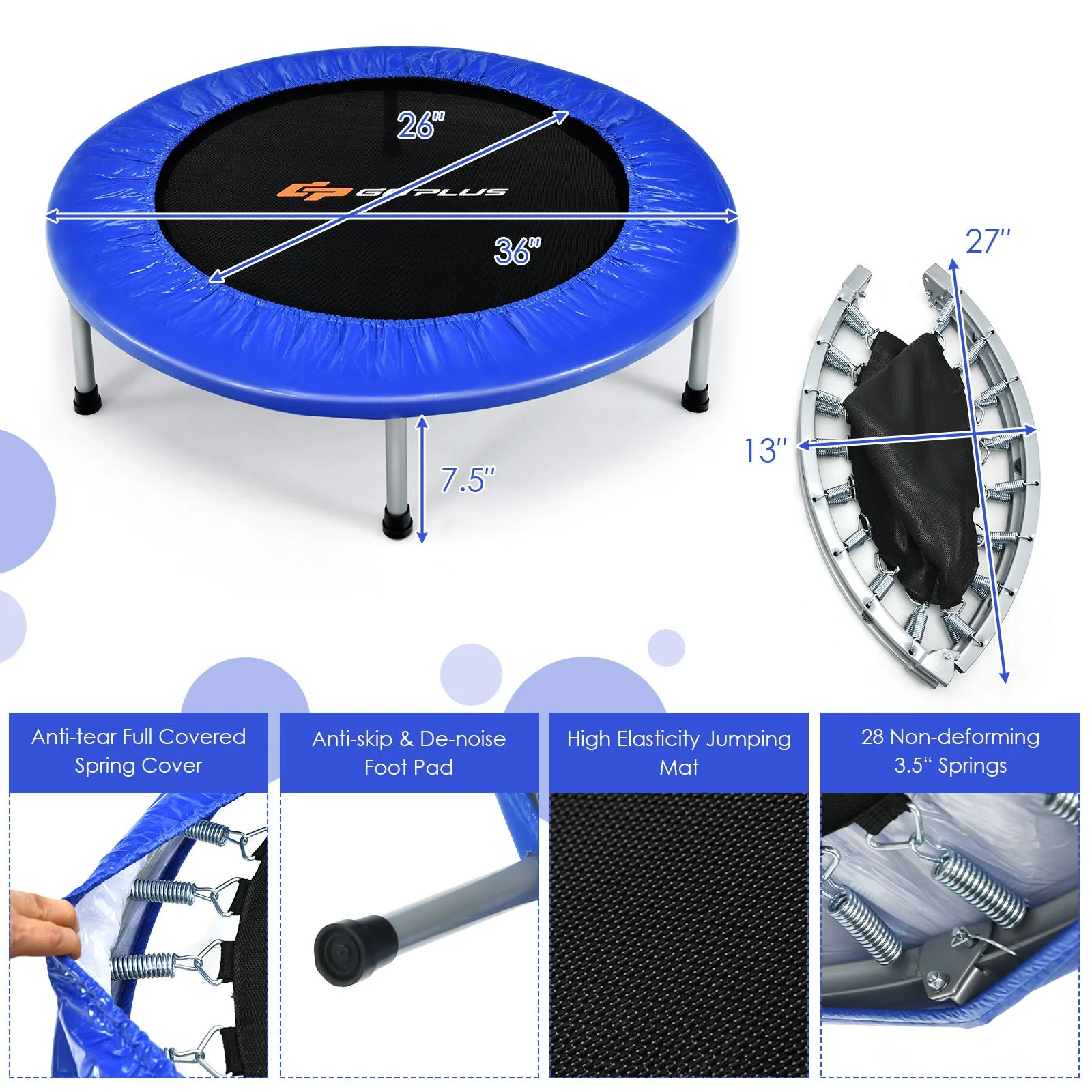 36 Inch Mini Folding Trampoline Portable Recreational Fitness Rebounder-Blue - Image 5