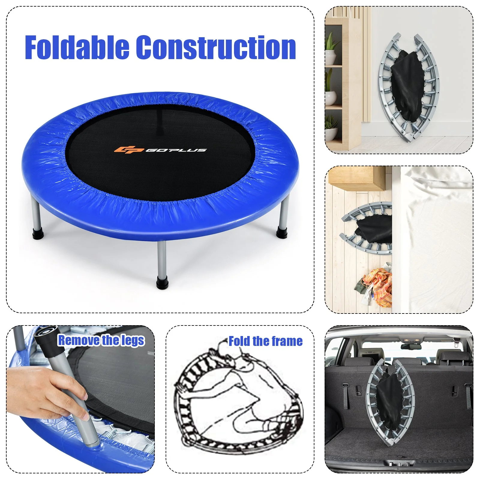 36 Inch Mini Folding Trampoline Portable Recreational Fitness Rebounder-Blue - Image 7