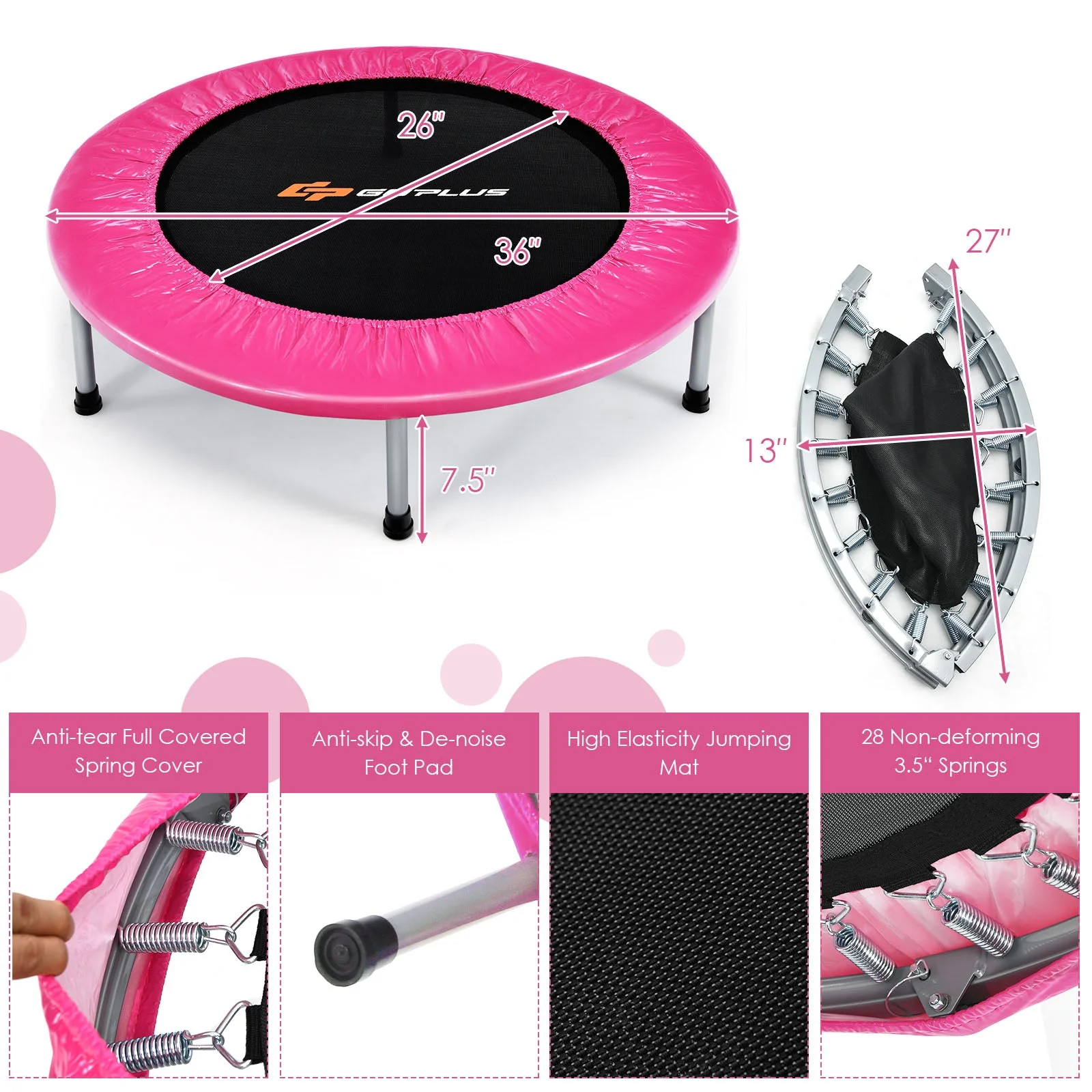 36 Inch Mini Folding Trampoline Portable Recreational Fitness Rebounder-Pink - Image 5