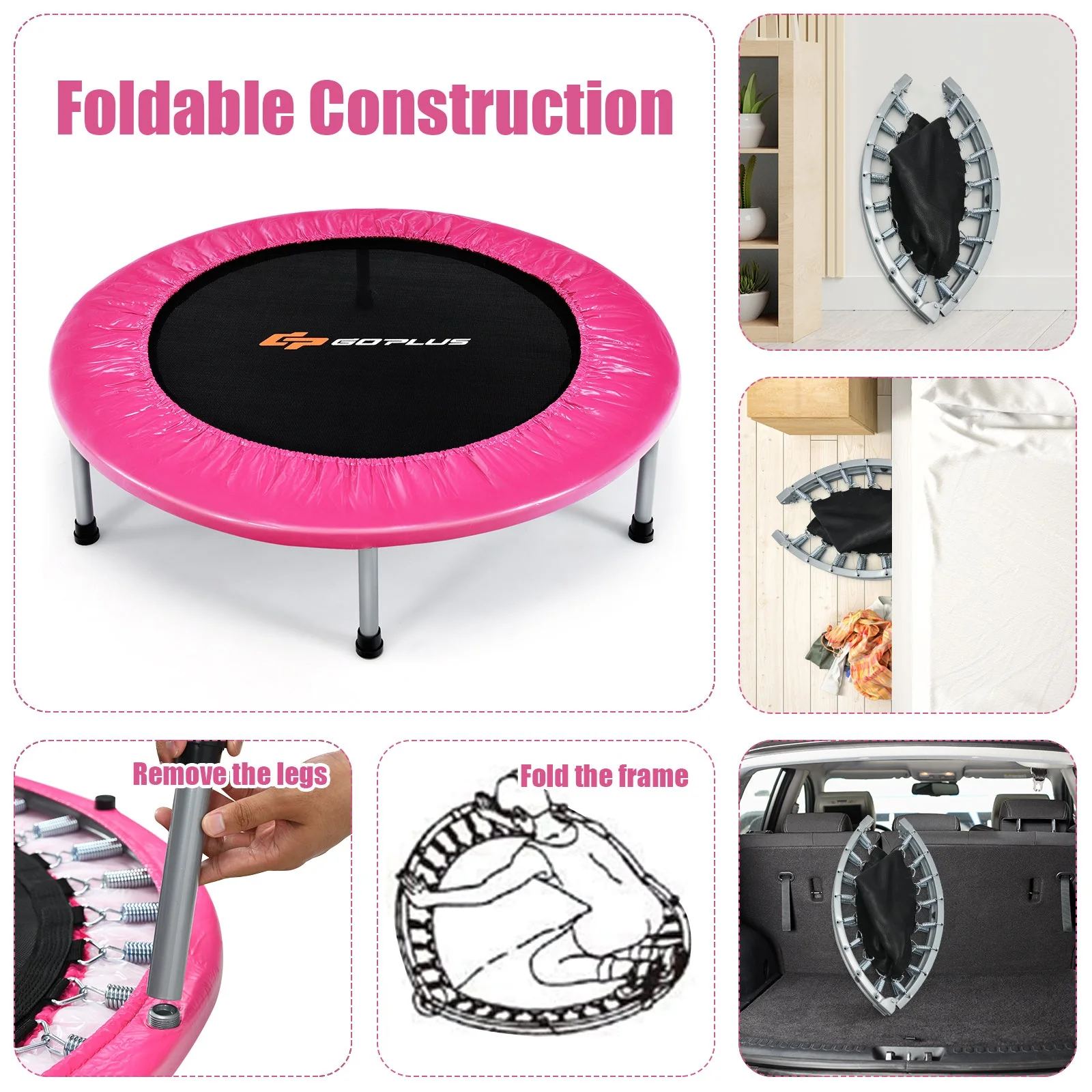 36 Inch Mini Folding Trampoline Portable Recreational Fitness Rebounder-Pink - Image 7