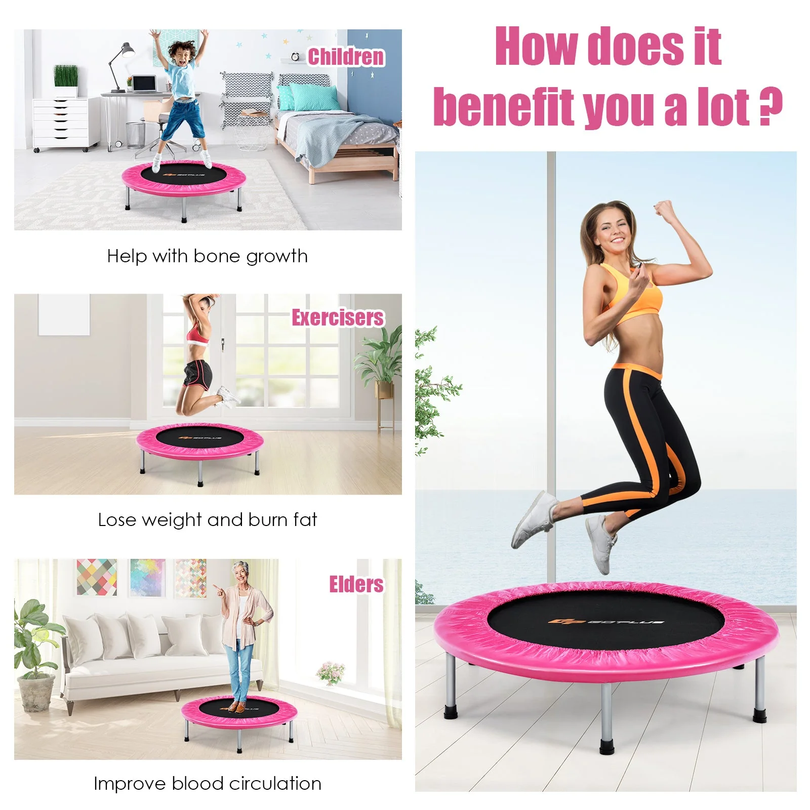 36 Inch Mini Folding Trampoline Portable Recreational Fitness Rebounder-Pink - Image 8