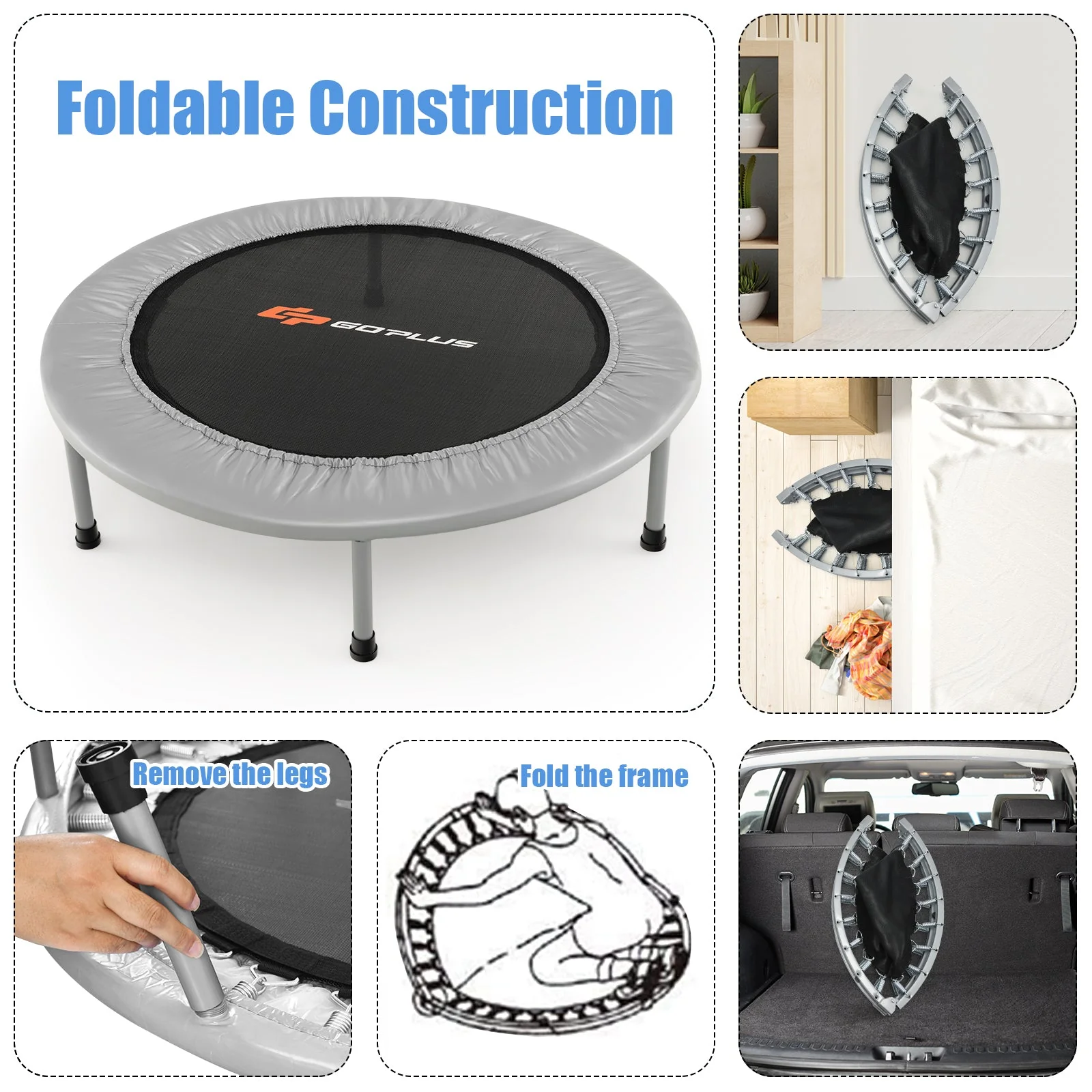 36 Inch Mini Folding Trampoline Portable Recreational Fitness Rebounder-Silver - Image 5