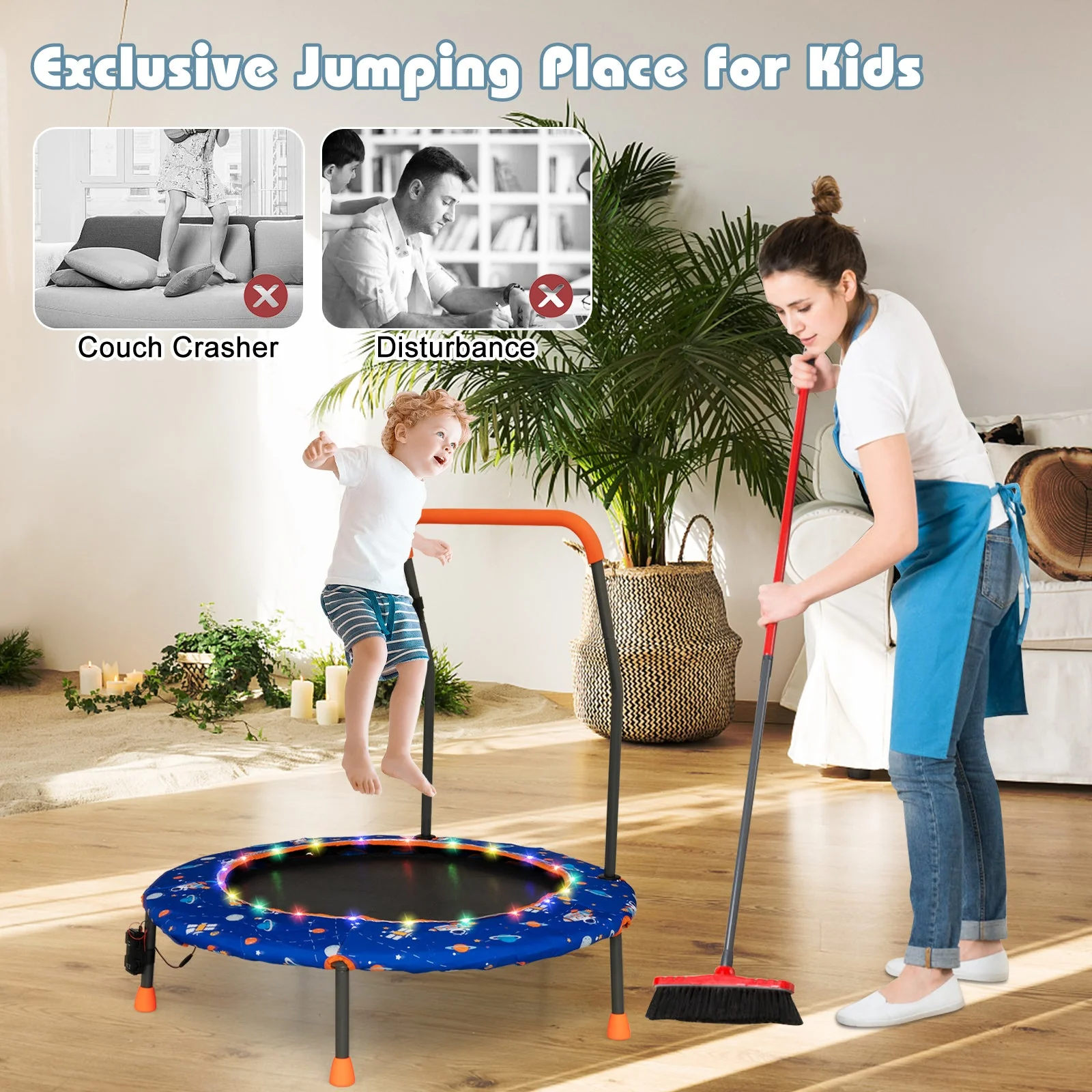 36 Inch Mini Trampoline with Colorful LED Lights and Bluetooth Speaker-Blue - Image 2