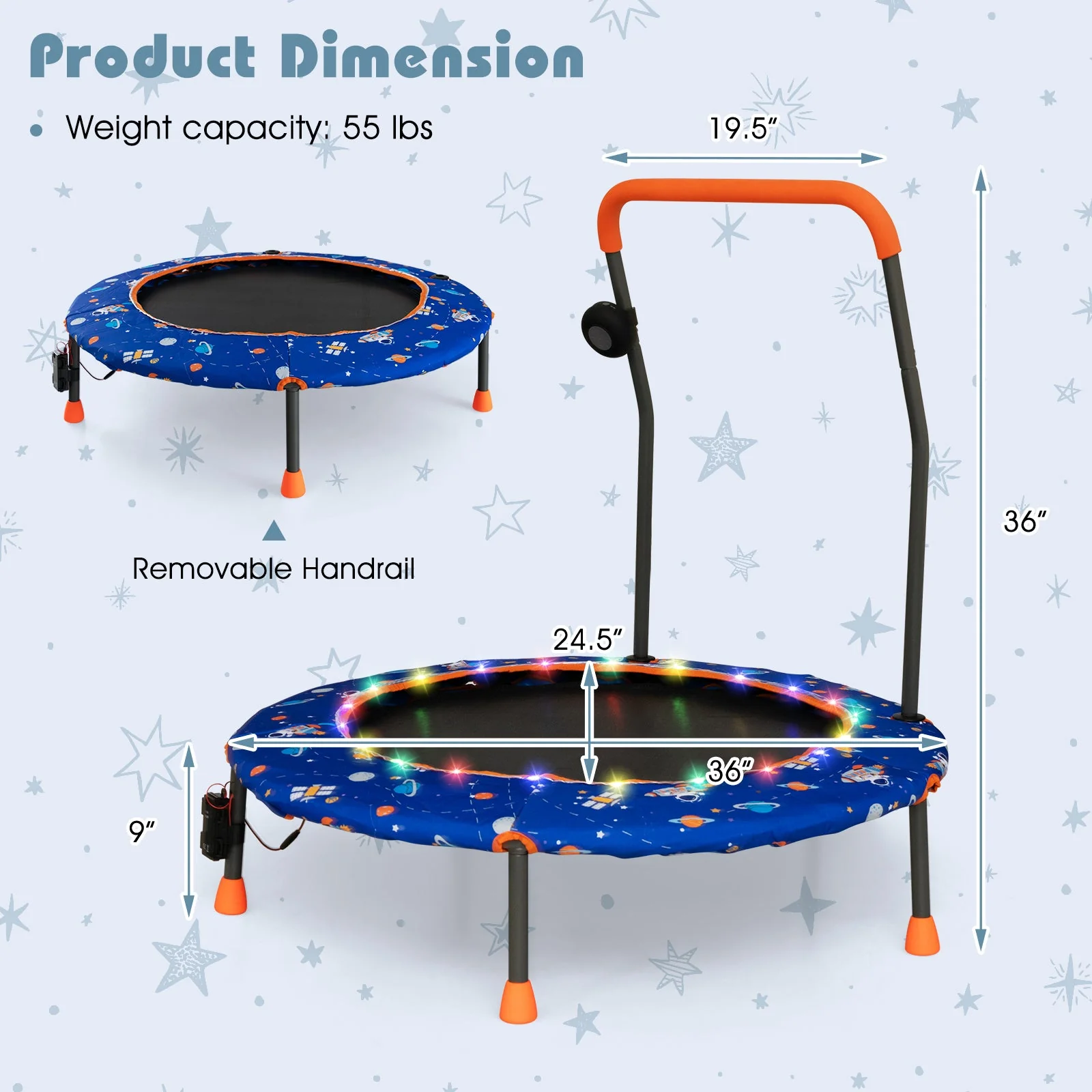 36 Inch Mini Trampoline with Colorful LED Lights and Bluetooth Speaker-Blue - Image 5