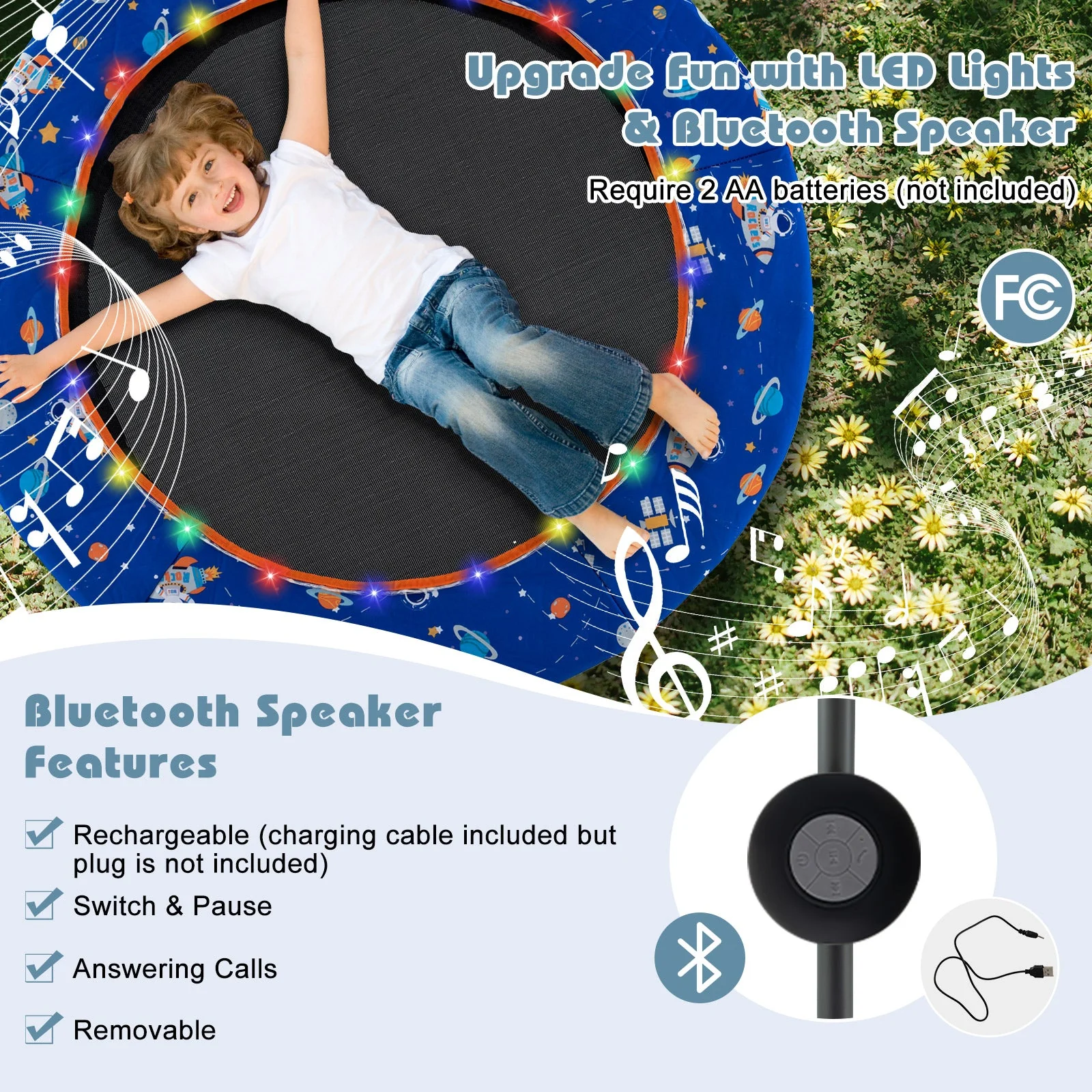 36 Inch Mini Trampoline with Colorful LED Lights and Bluetooth Speaker-Blue - Image 6