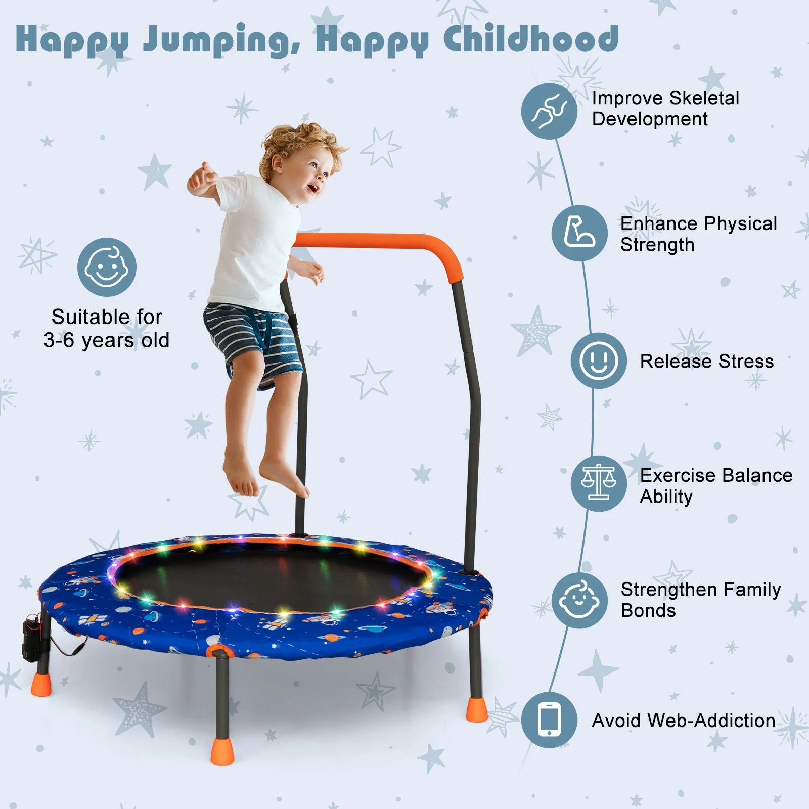 36 Inch Mini Trampoline with Colorful LED Lights and Bluetooth Speaker-Blue - Image 7