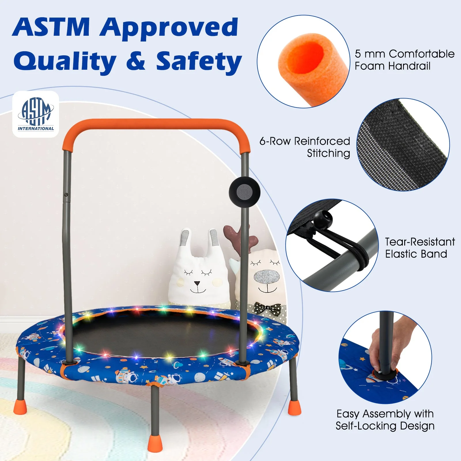 36 Inch Mini Trampoline with Colorful LED Lights and Bluetooth Speaker-Blue - Image 8