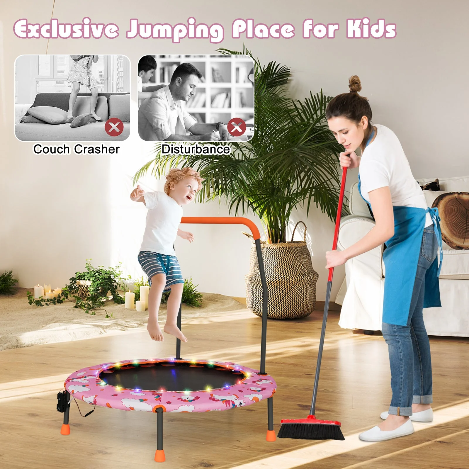 36 Inch Mini Trampoline with Colorful LED Lights and Bluetooth Speaker-Pink - Image 2