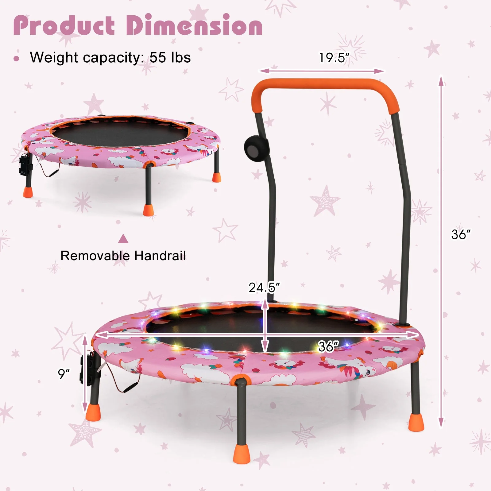 36 Inch Mini Trampoline with Colorful LED Lights and Bluetooth Speaker-Pink - Image 5