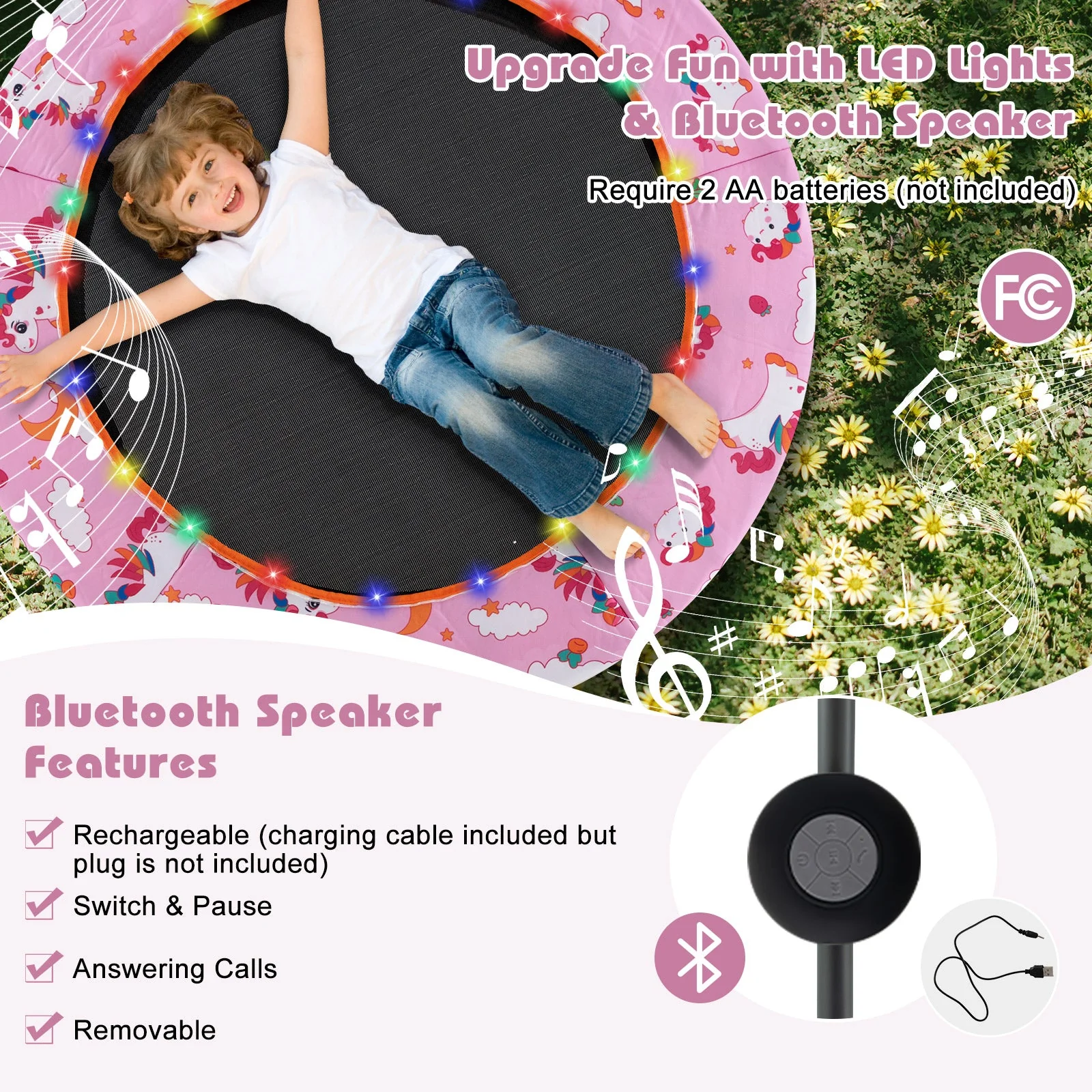 36 Inch Mini Trampoline with Colorful LED Lights and Bluetooth Speaker-Pink - Image 6
