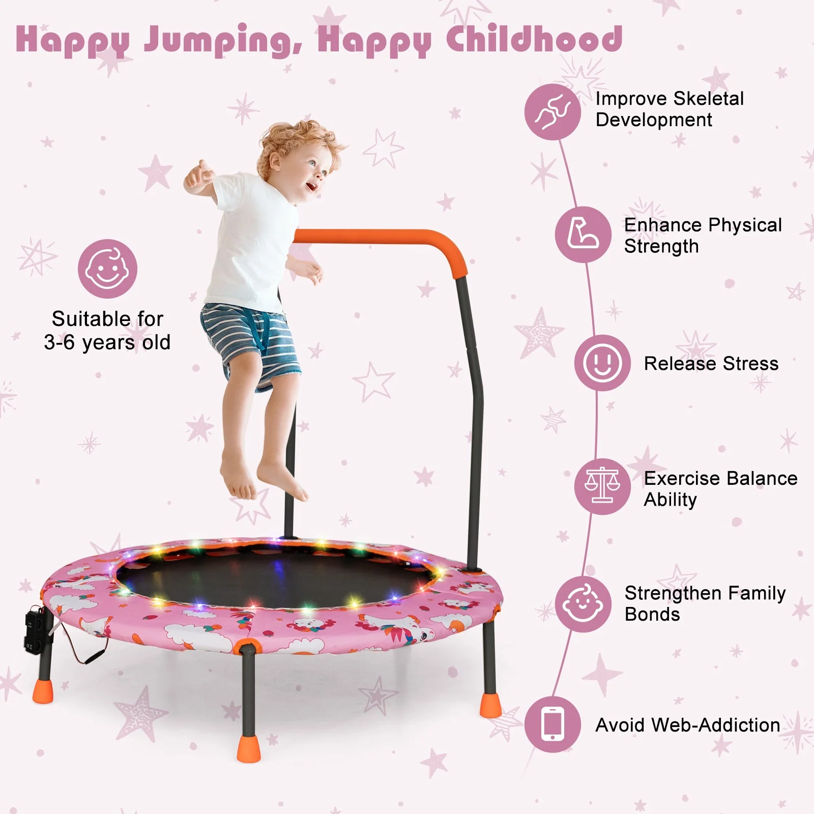 36 Inch Mini Trampoline with Colorful LED Lights and Bluetooth Speaker-Pink - Image 7