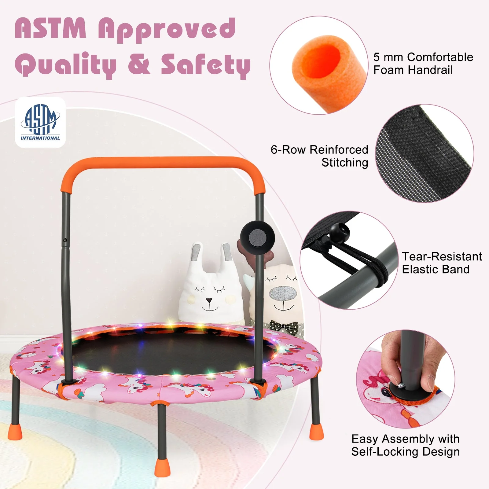 36 Inch Mini Trampoline with Colorful LED Lights and Bluetooth Speaker-Pink - Image 8