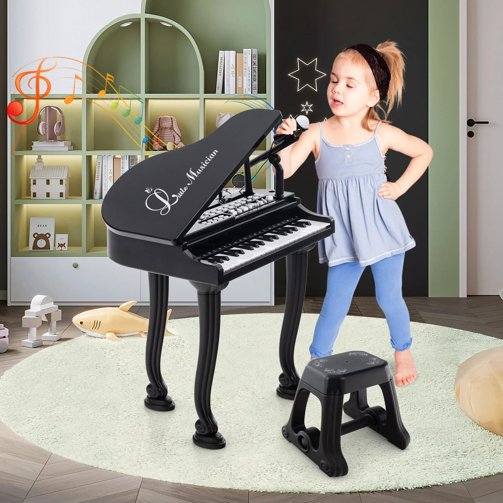 37 Keys Kids Piano Keyboard with Stool and Piano Lid-Black - Image 2