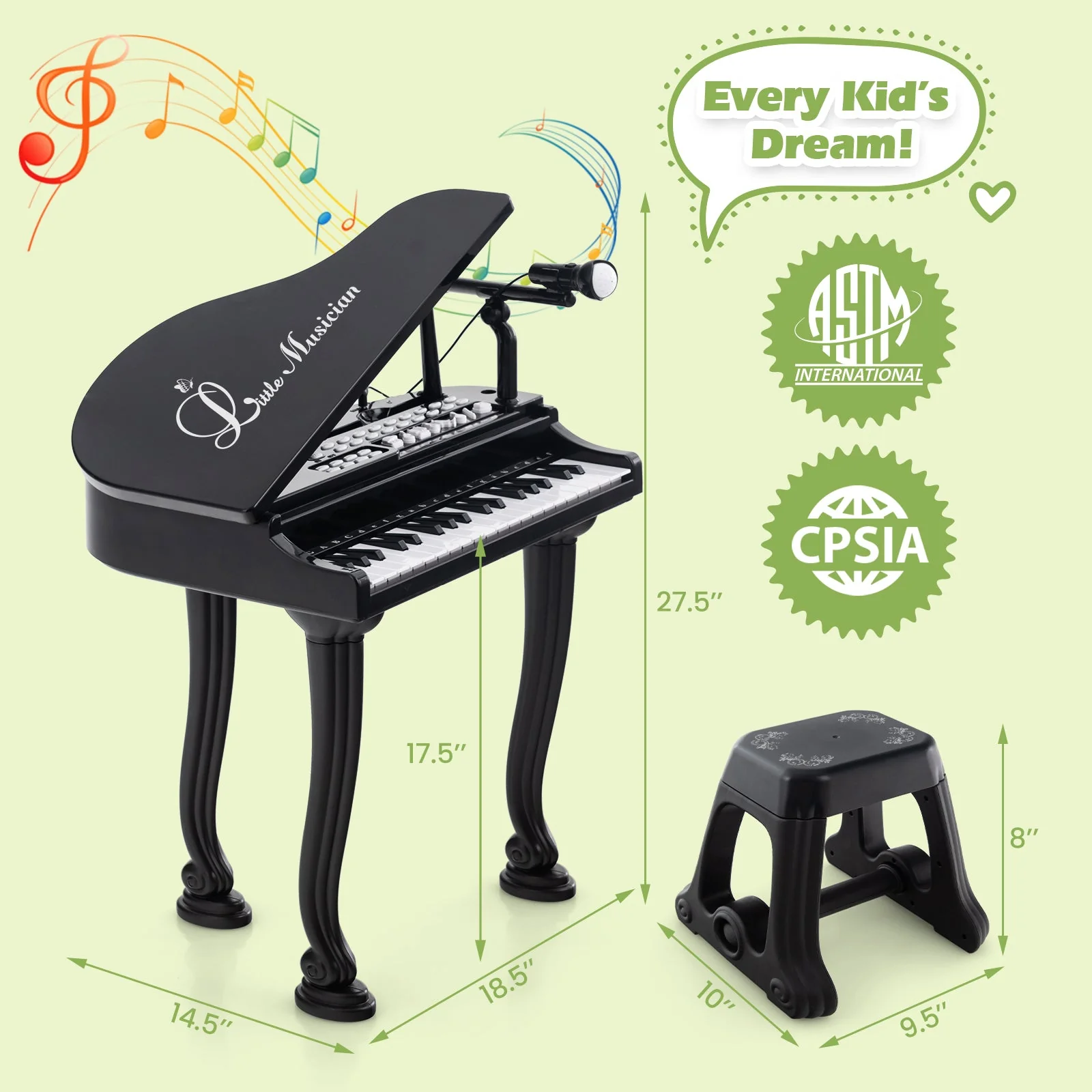 37 Keys Kids Piano Keyboard with Stool and Piano Lid-Black - Image 5