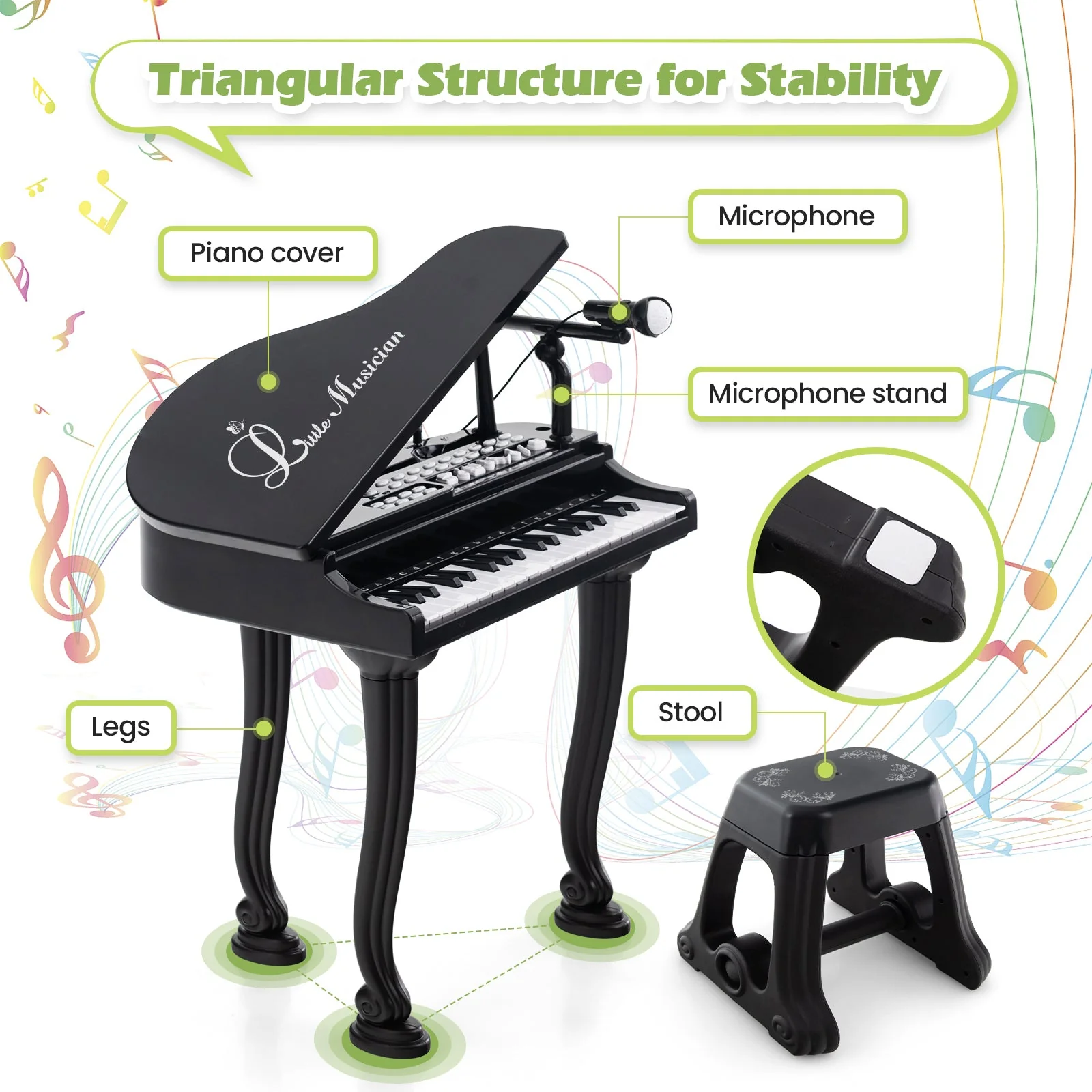 37 Keys Kids Piano Keyboard with Stool and Piano Lid-Black - Image 6
