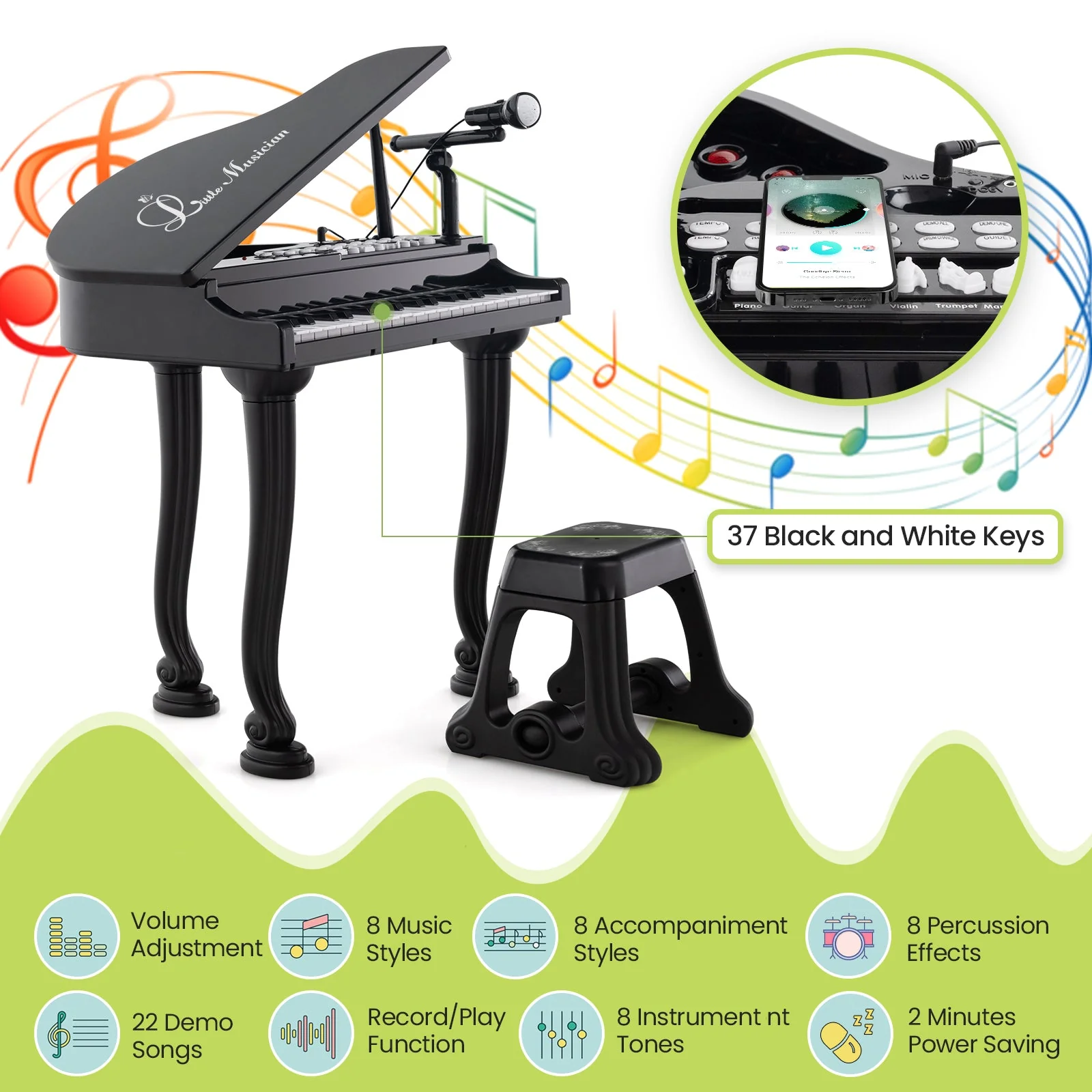 37 Keys Kids Piano Keyboard with Stool and Piano Lid-Black - Image 8
