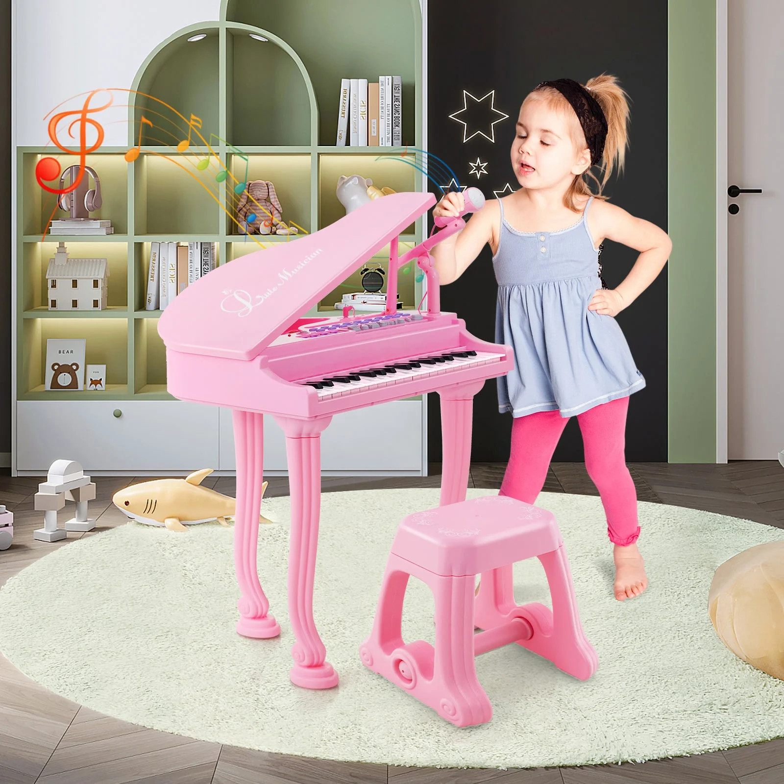 37 Keys Kids Piano Keyboard with Stool and Piano Lid-Pink - Image 2