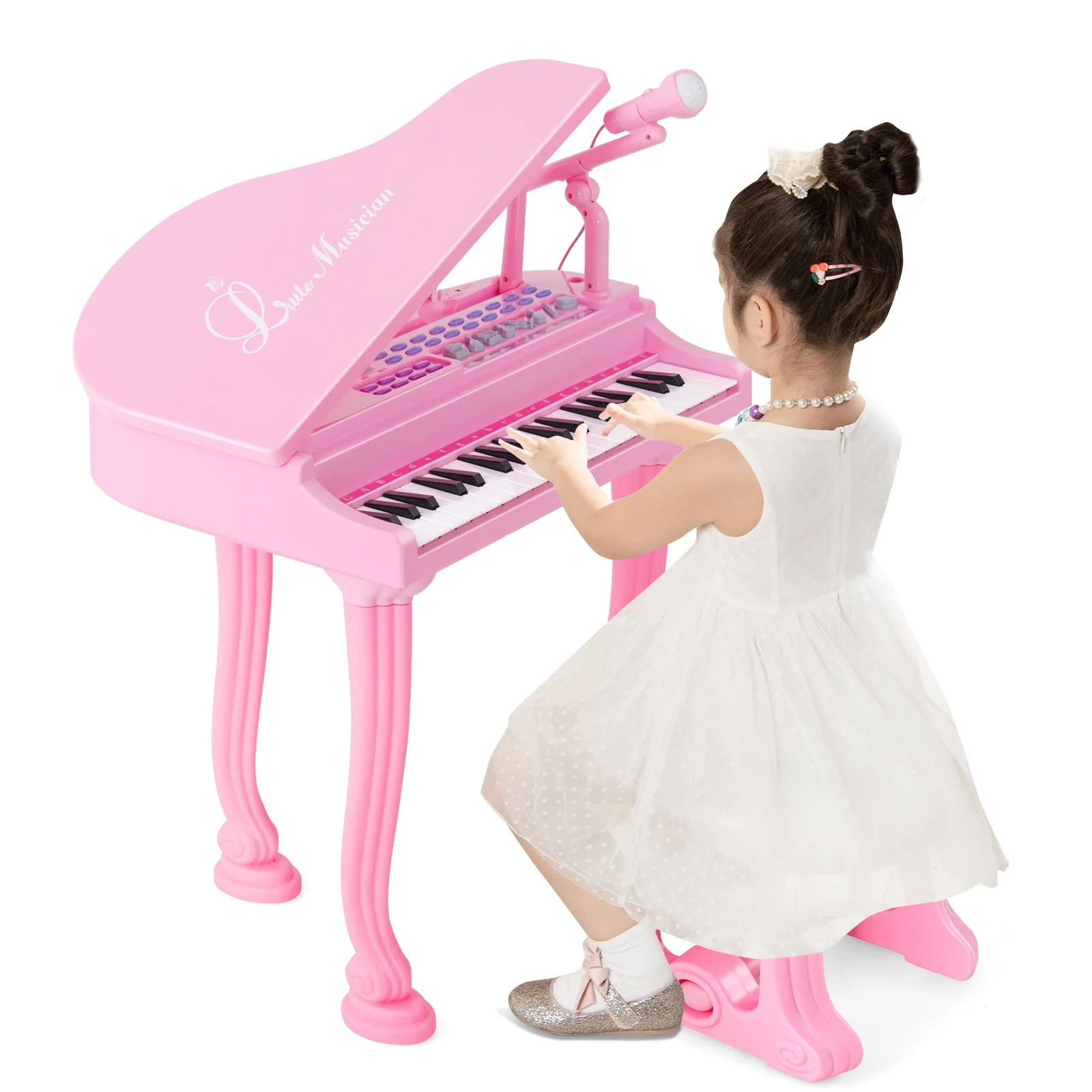 37 Keys Kids Piano Keyboard with Stool and Piano Lid-Pink - Image 4