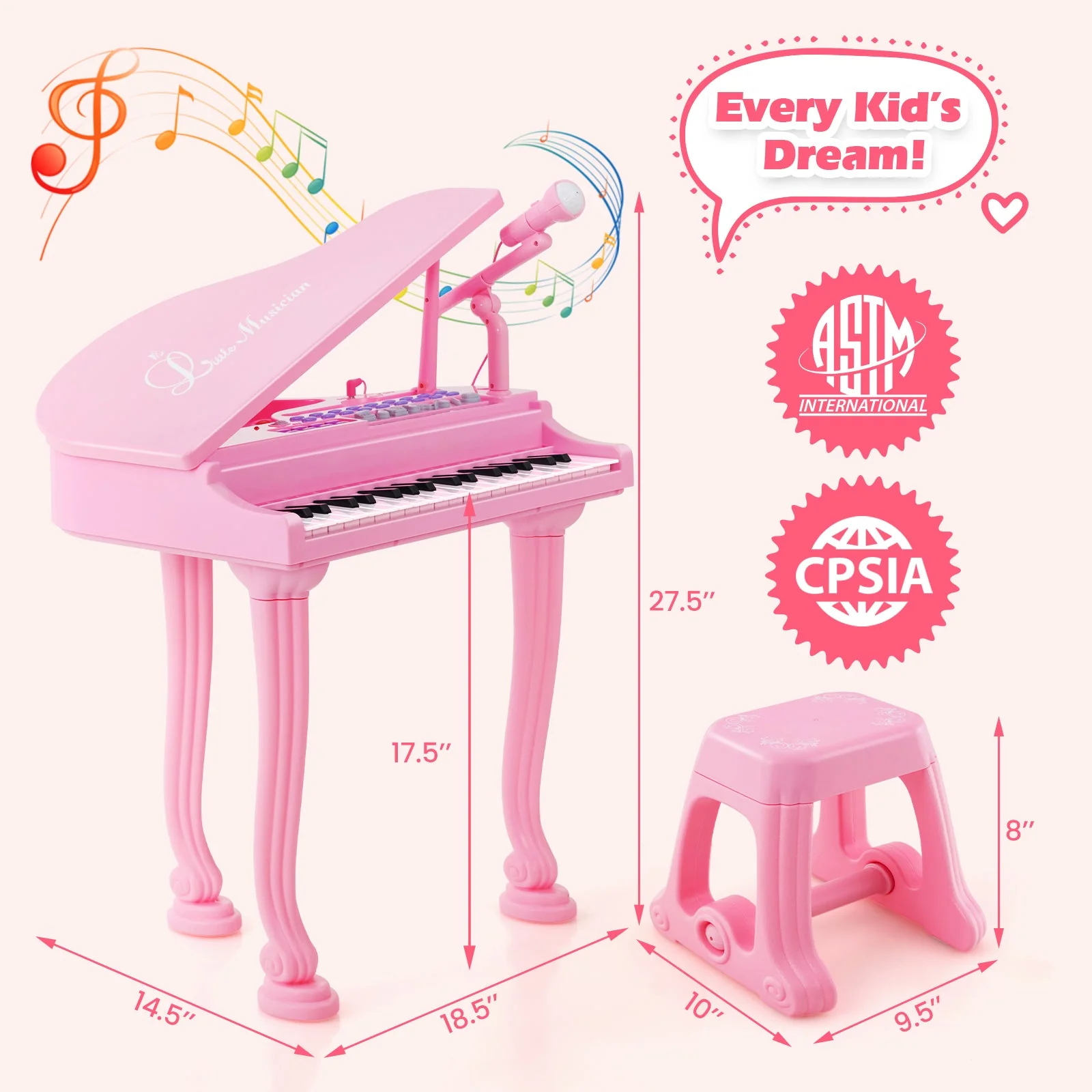 37 Keys Kids Piano Keyboard with Stool and Piano Lid-Pink - Image 5