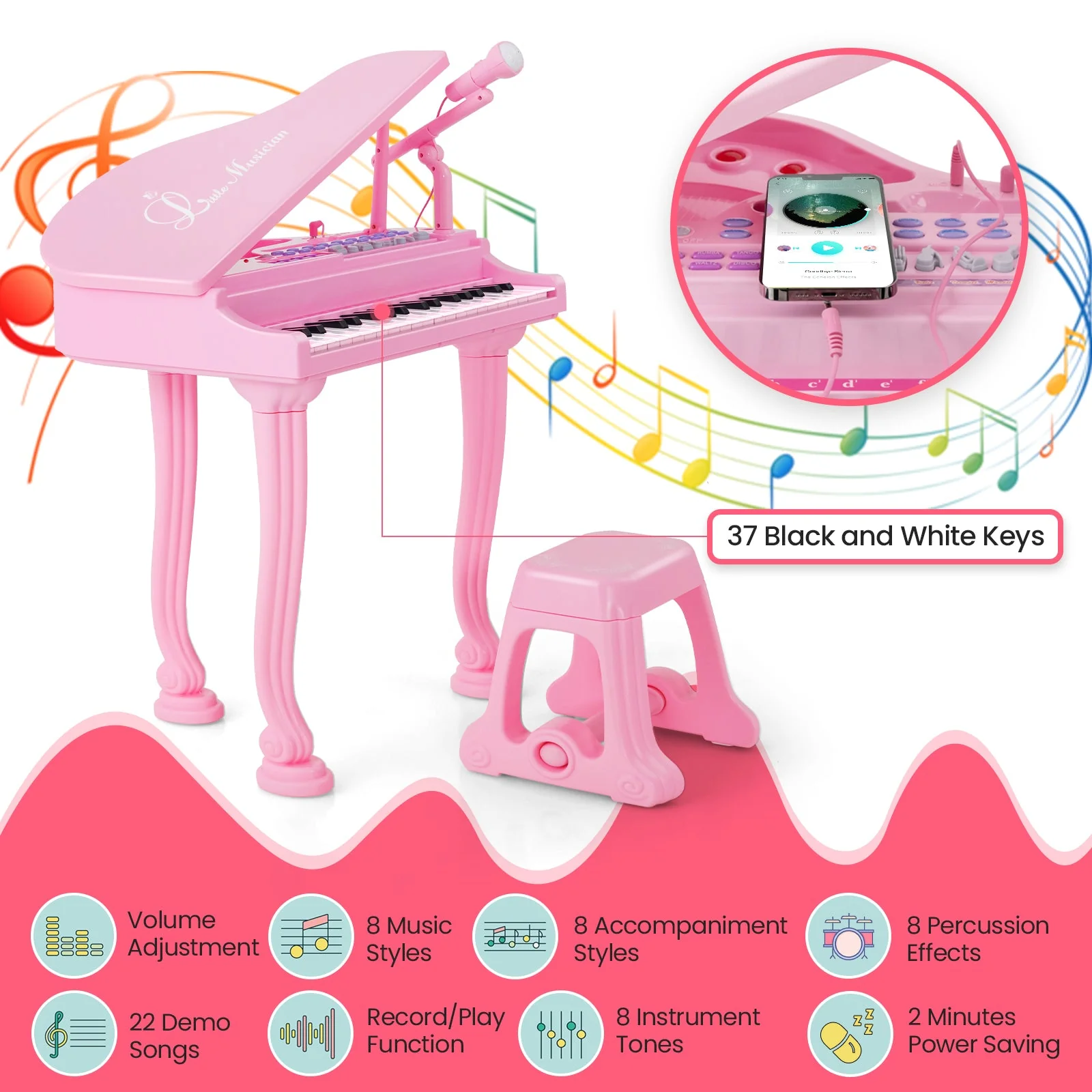 37 Keys Kids Piano Keyboard with Stool and Piano Lid-Pink - Image 7