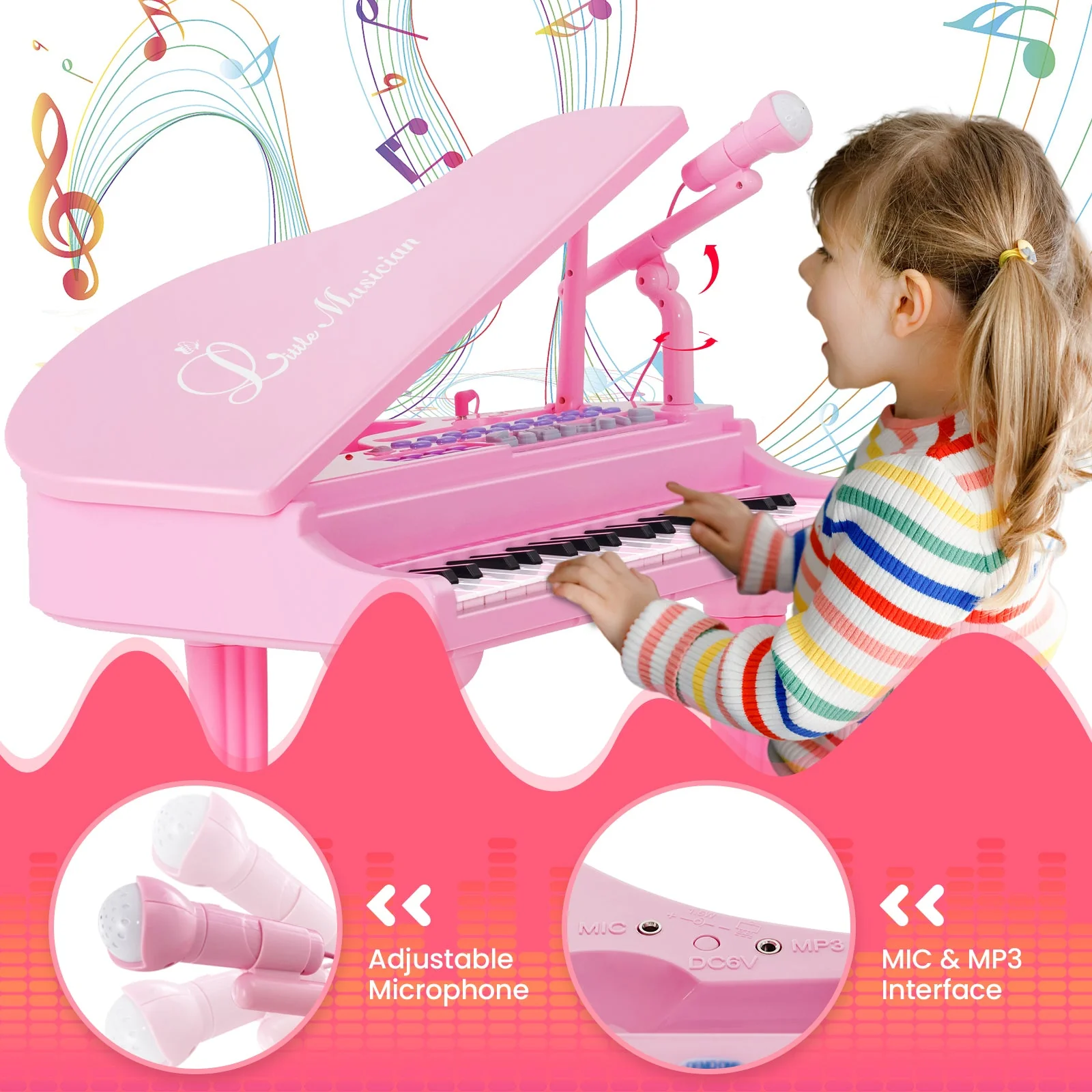 37 Keys Kids Piano Keyboard with Stool and Piano Lid-Pink - Image 8