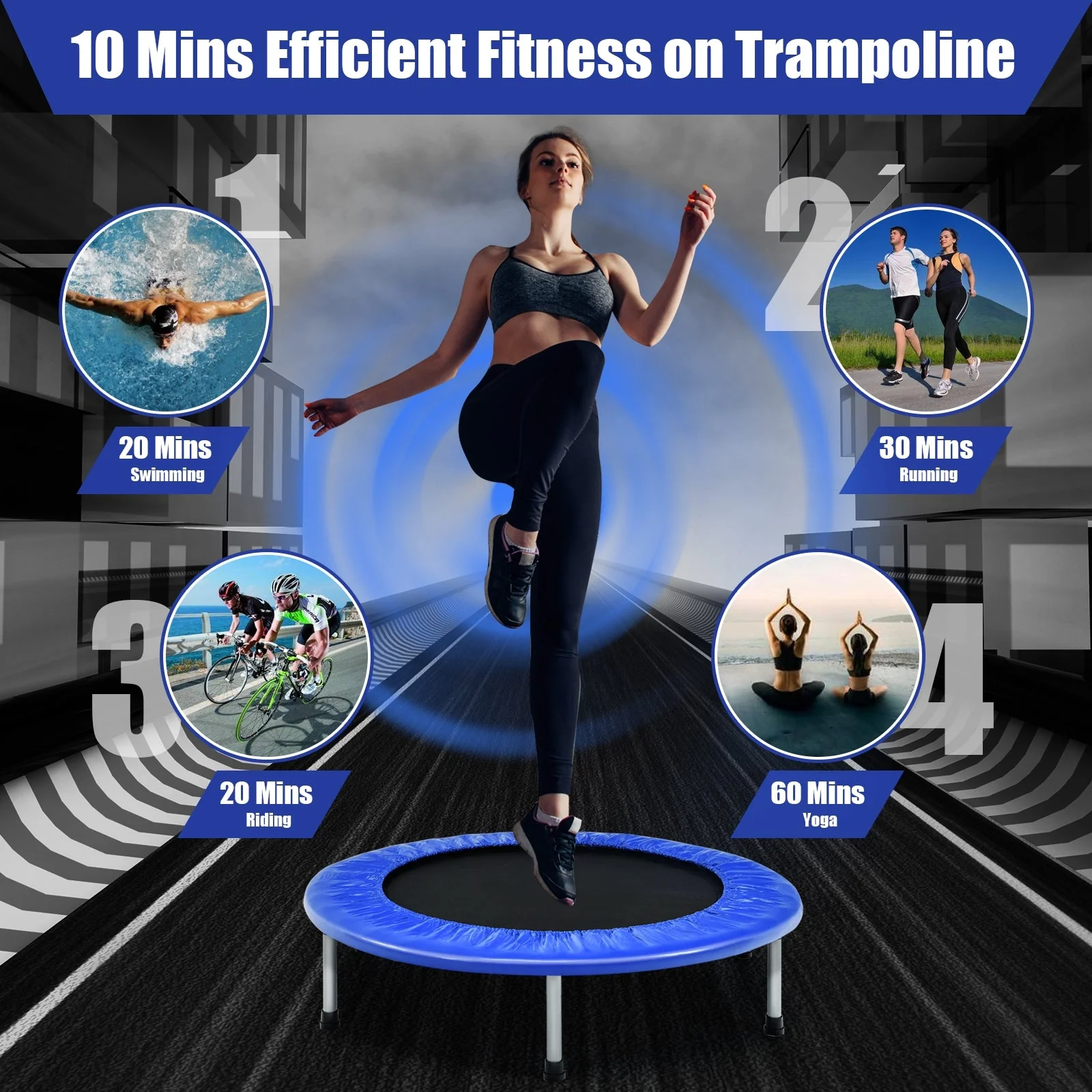 38 Inch Mini Folding Trampoline Portable Leisure Fitness Backboard-Blue - Image 2