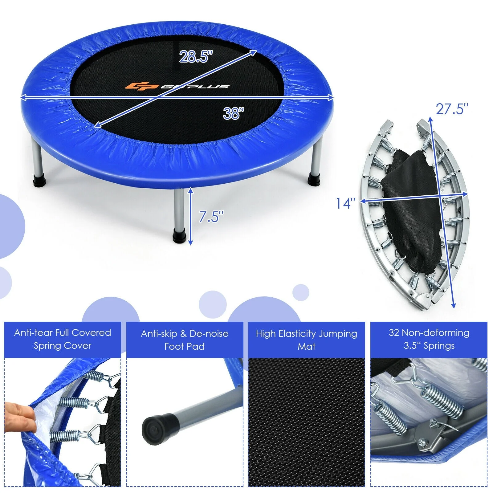 38 Inch Mini Folding Trampoline Portable Leisure Fitness Backboard-Blue - Image 4