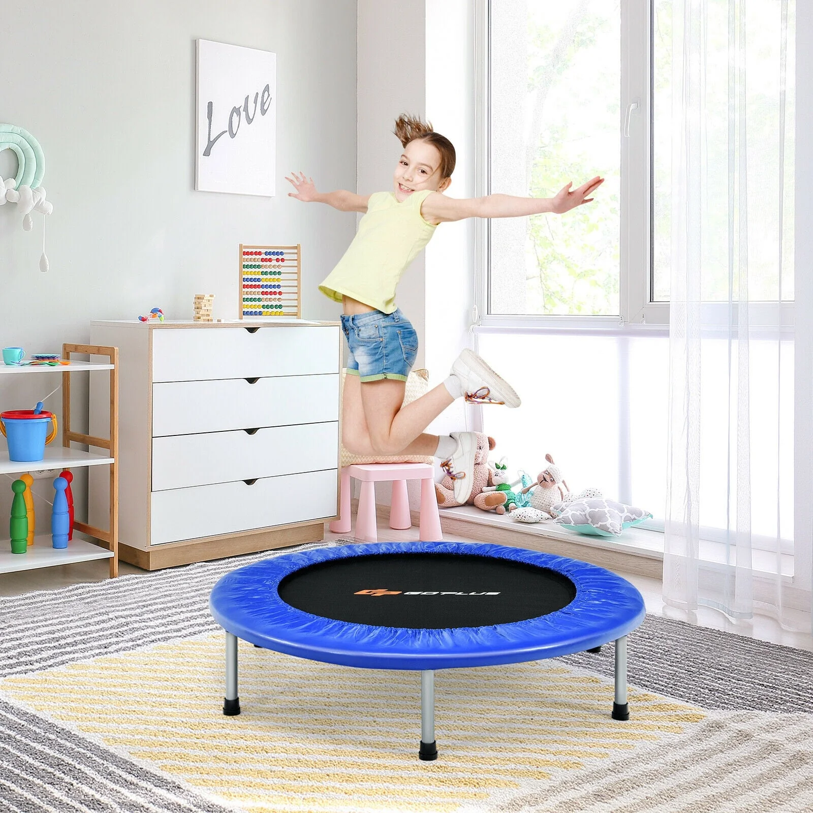 38 Inch Mini Folding Trampoline Portable Leisure Fitness Backboard-Blue - Image 6