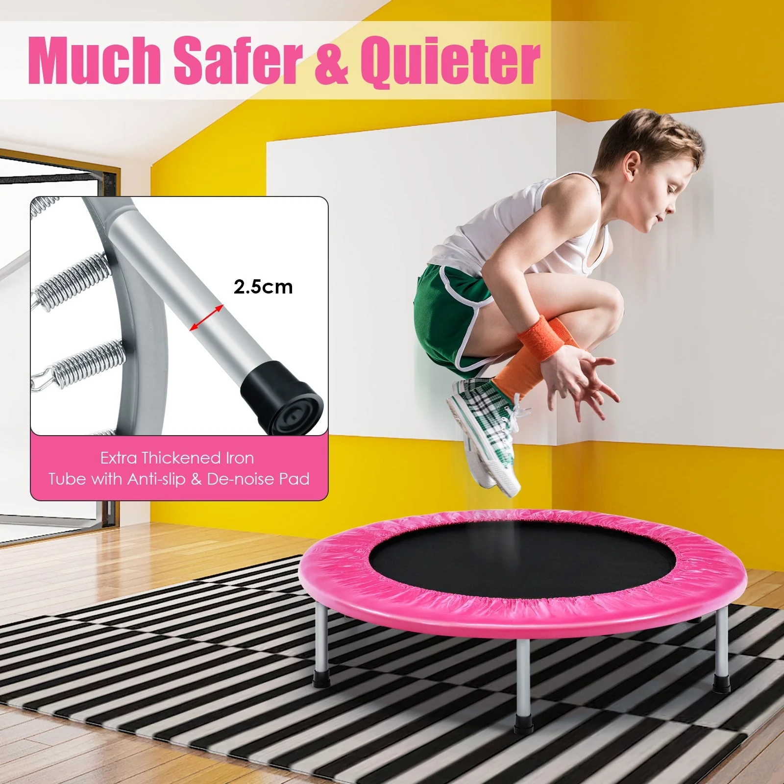 38 Inch Mini Folding Trampoline Portable Leisure Fitness Backboard-Pink - Image 2