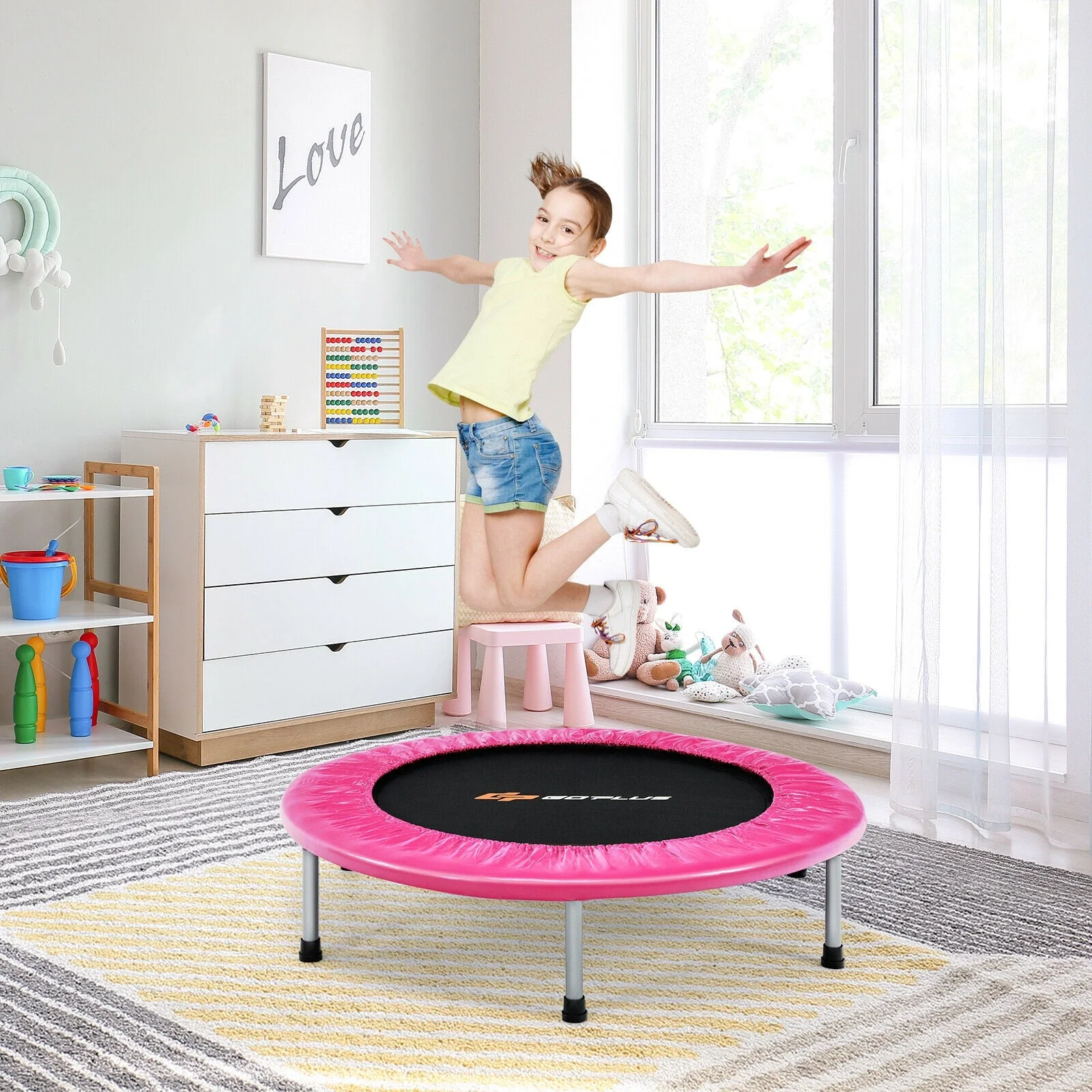 38 Inch Mini Folding Trampoline Portable Leisure Fitness Backboard-Pink - Image 6