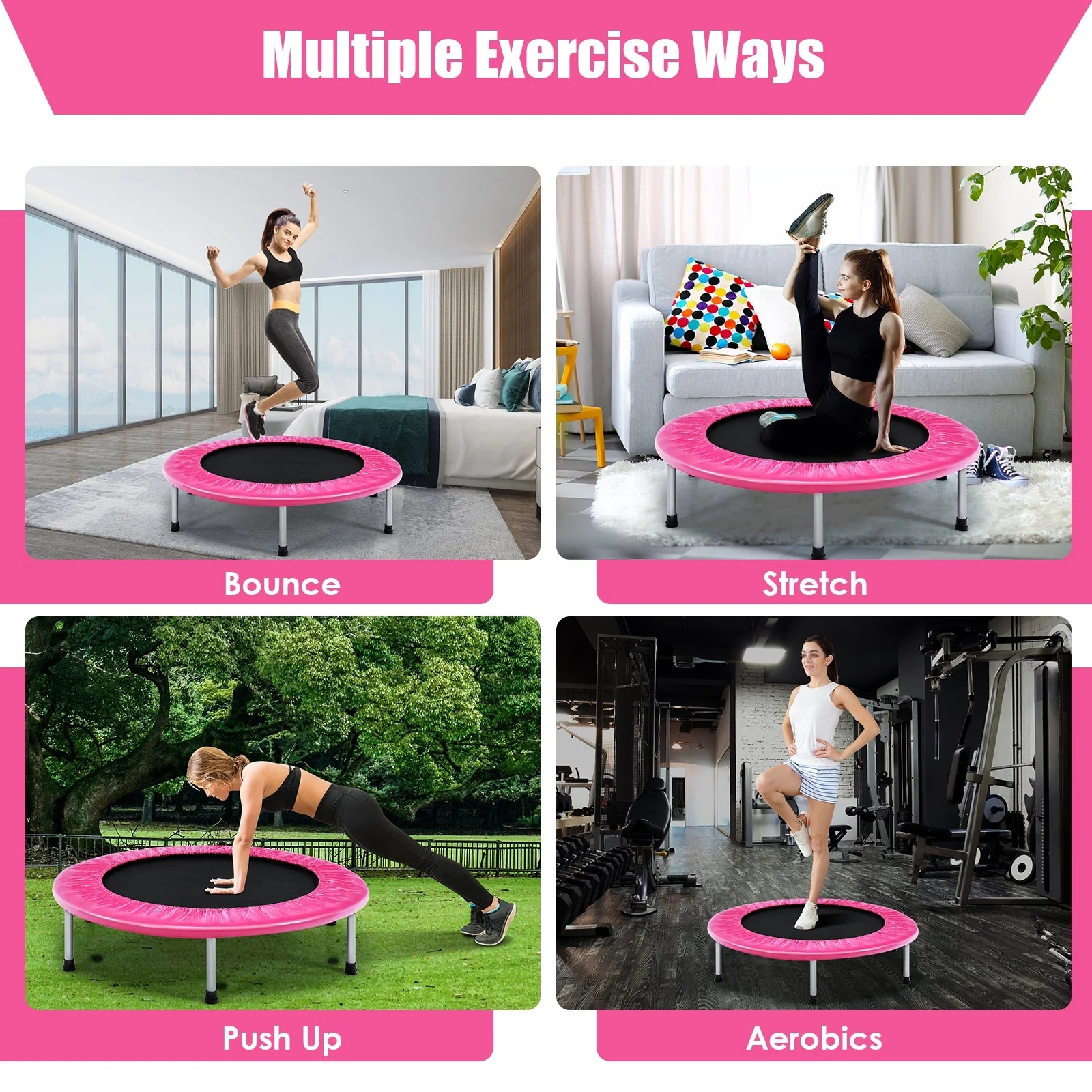 38 Inch Mini Folding Trampoline Portable Leisure Fitness Backboard-Pink - Image 8