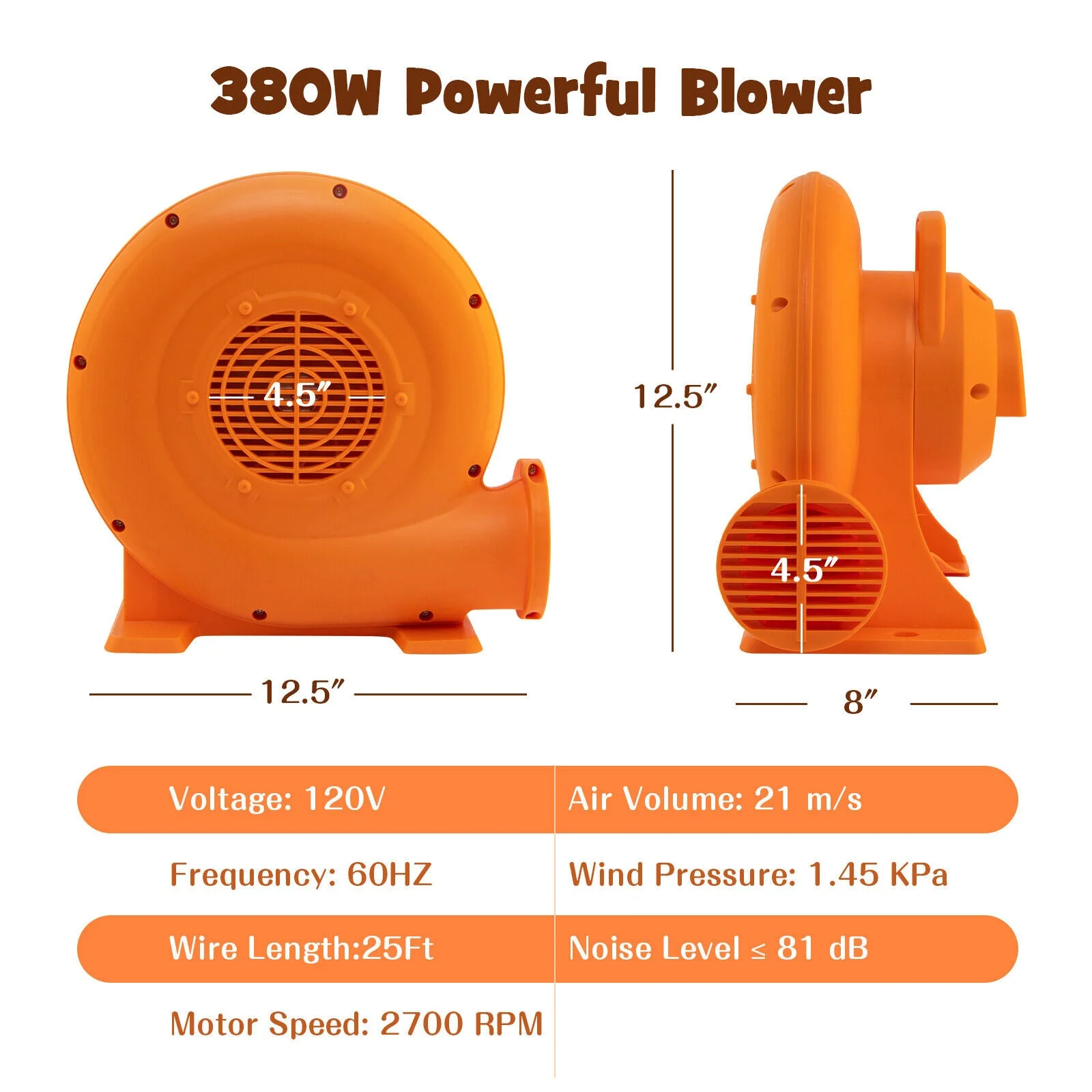 380W Air Blower (0.5HP) for Inflatables with 25 feet Wire and GFCI Plug - Image 4