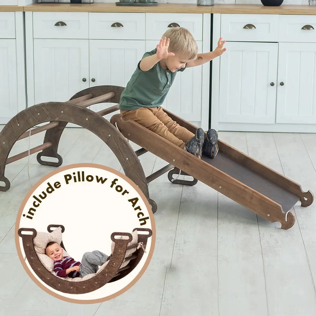 3in1 Montessori Climbing Set: Climbing Arch + Slide Board + Cushion - Beige - Image 11