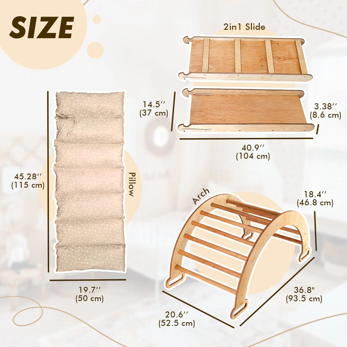 3in1 Montessori Climbing Set: Climbing Arch + Slide Board + Cushion - Beige - Image 12