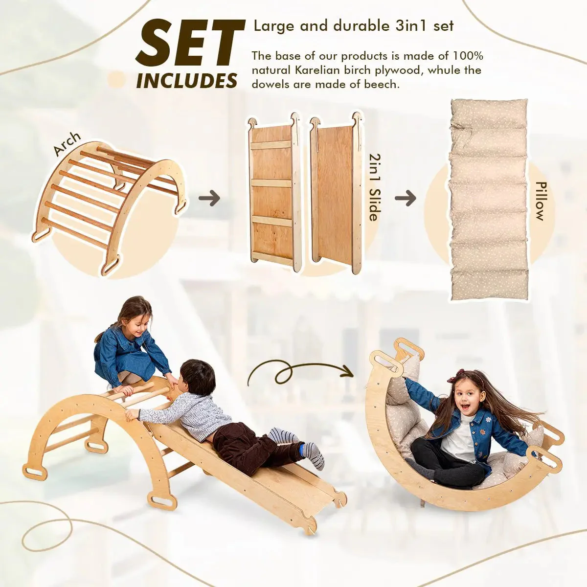 3in1 Montessori Climbing Set: Climbing Arch + Slide Board + Cushion - Beige - Image 2